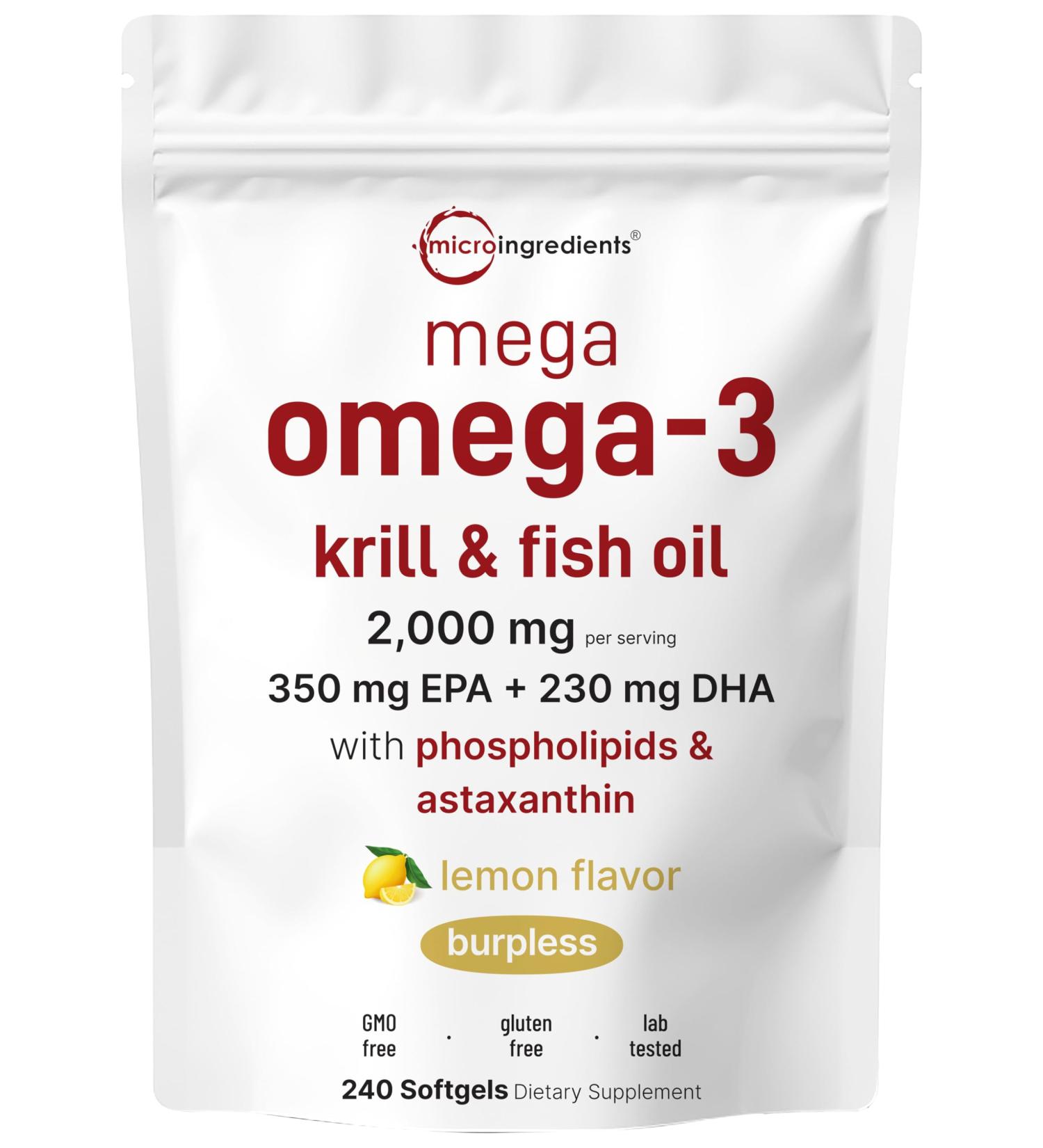 Mega Omega-3 Krill & Fish Oil 2 000mg Equivalent 240 Softgels | Lemon Flavored | Burpless | Essential Fatty Acids & Astaxanthin | EPA 350mg + DHA 230mg | Heart & Brain Supplement - Buy Online on GoSupps.com