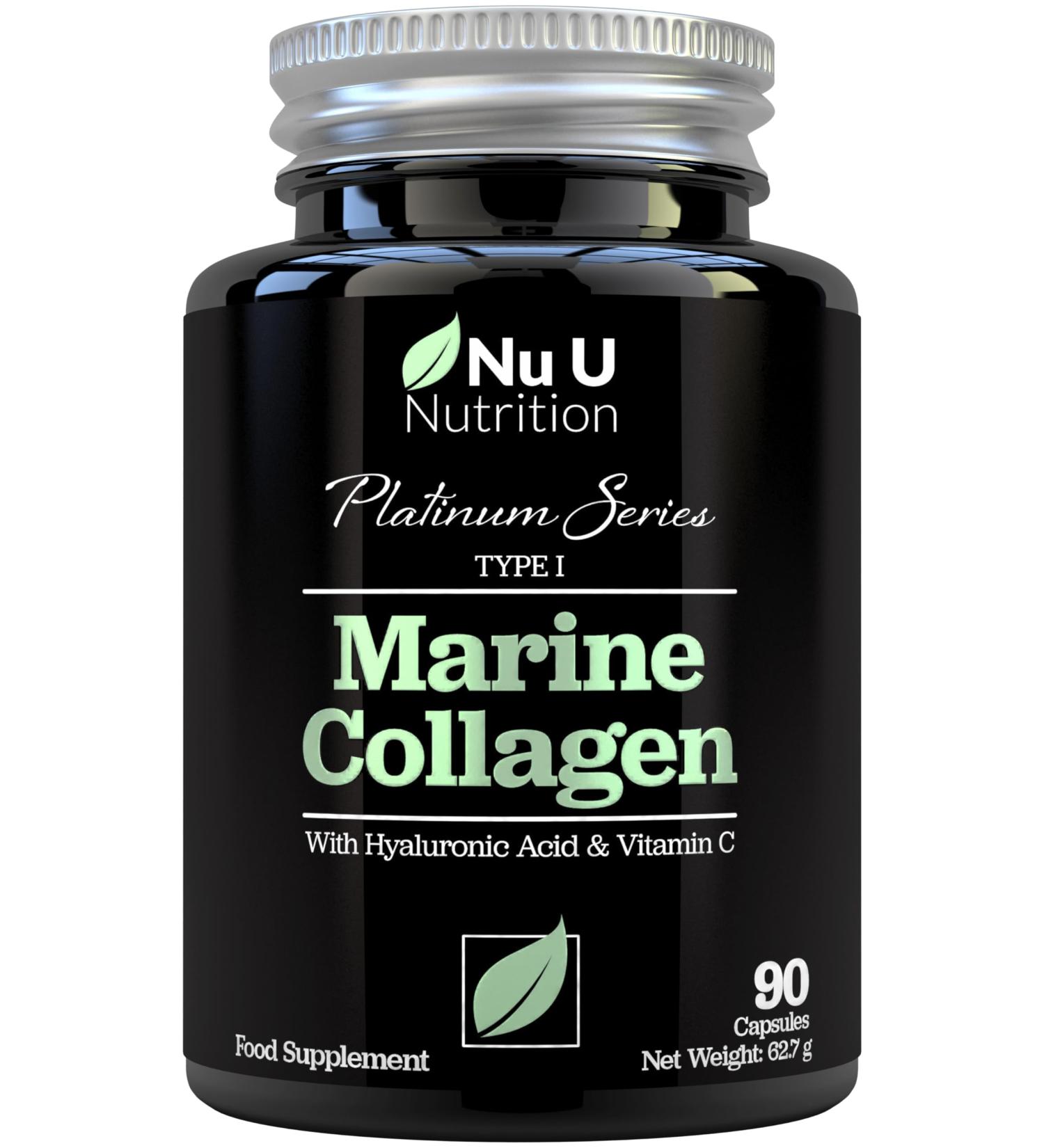 Marine Collagen with Hyaluronic Acid Vitamin C - 90 Hydrolyzed Capsules (not Tablets) - Premium High Strength Collagen Supplements for Women & Men - Type 1 Marine Collagen - Nu U Nutrition - Buy Online on GoSupps.com