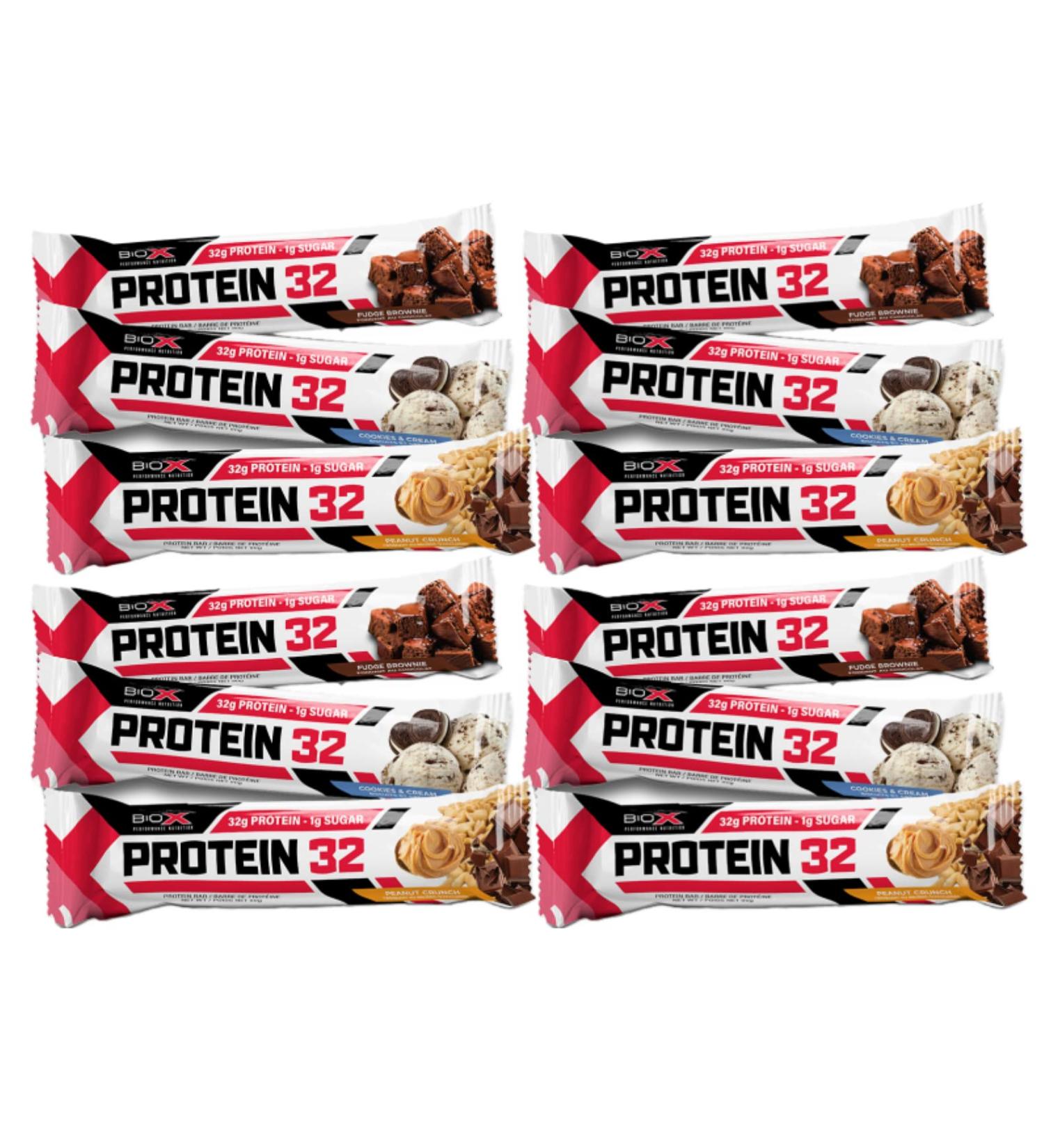 BioX Protein 32 Bar Variety Pack | High Protein High Fibre & Low Sugar | 32 Grams Protein 1 Gram Sugar | 4 Fudge Brownie 4 Cookies & Cream 4 Peanut Crunch Variety Box of 12 - Buy Online on GoSupps.com