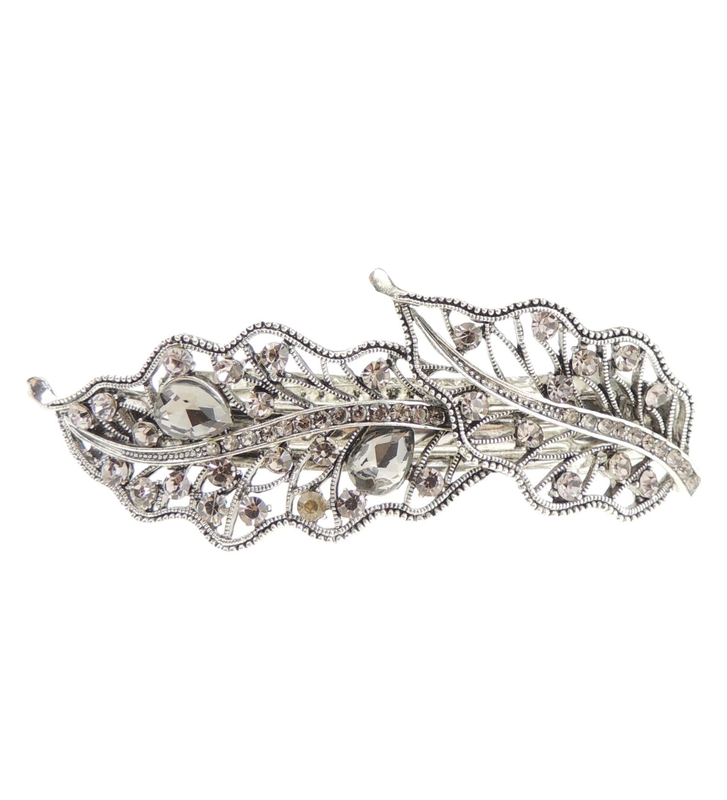 Glamour Girlz Women's Vintage Look Silver Metal Crystal Leaves Hair Clip Grey