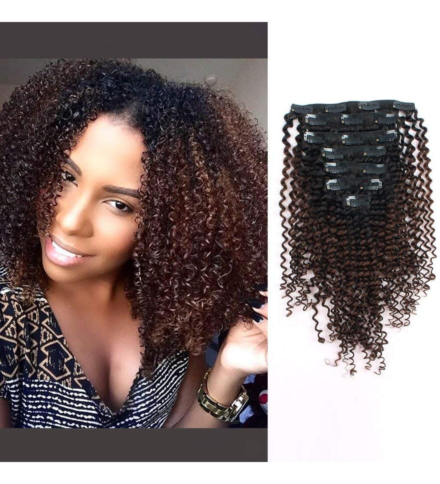 ABH AmazingBeauty Ombre Kinky Curly Clip-In Hair Extensions for Black Women â€“ 3C 4A Remy Human Hair, Chocolate Brown T4, 14 Inch, 115g - Buy Online on GoSupps.com