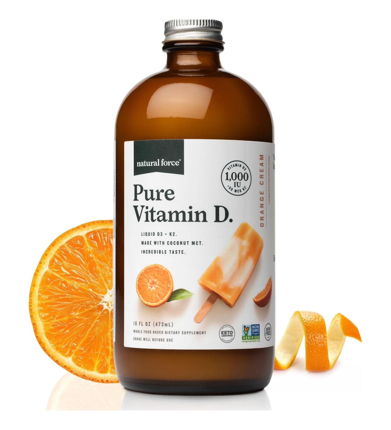Natural Force Pure Vitamin D Liquid D3 & K2 with Coconut MCT 1 000 IU Immunity & Nutrient Absorption Booster- Vegan - Orange Cream 16 fl oz - Buy Online on GoSupps.com