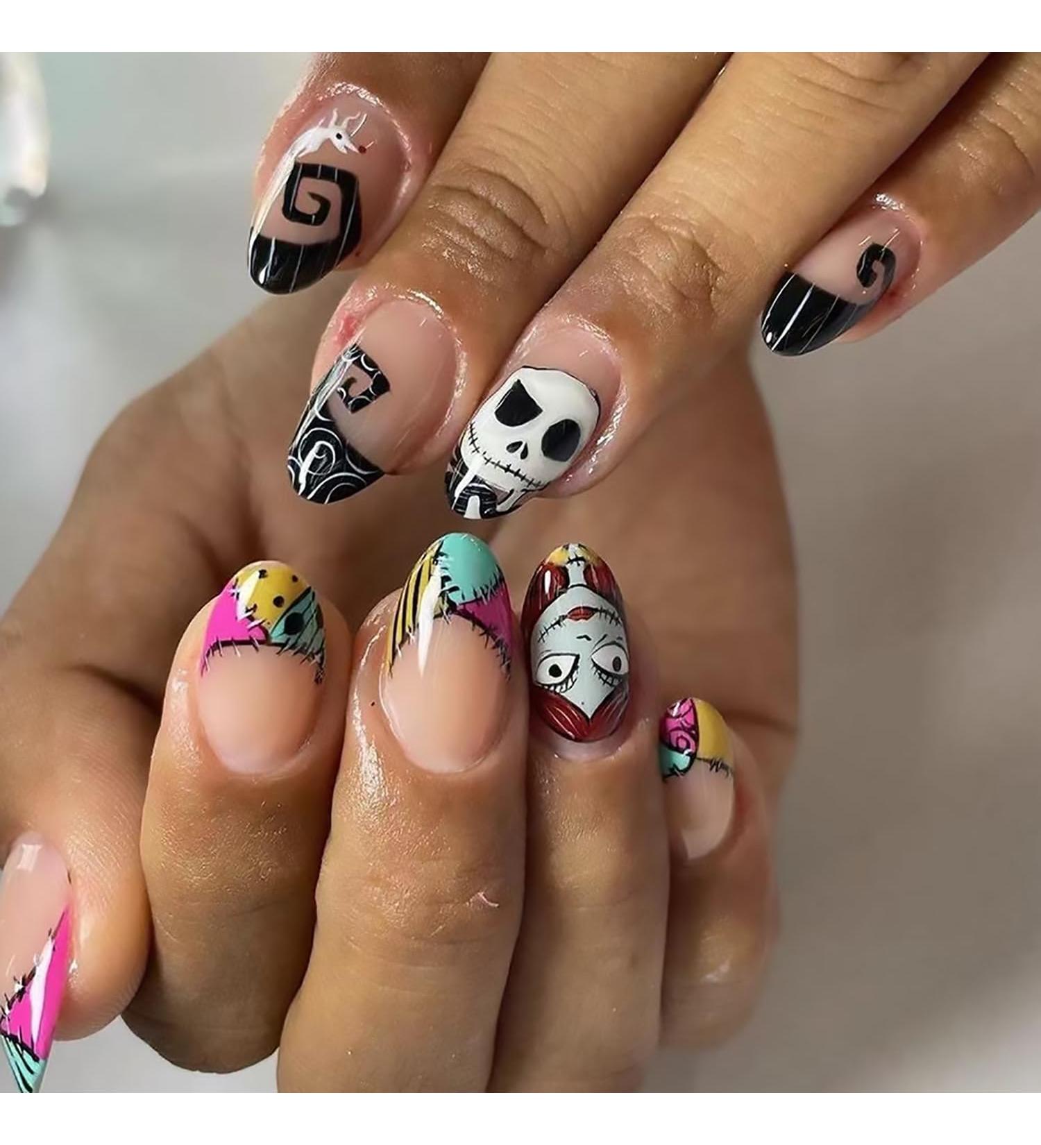 Halloween Press on Nails - Short Almond French Tip Skull & Ghost Designs | 24Pcs Full Cover Acrylic Artificial Nails for Women - Nightmare Before Christmas - Buy Online on GoSupps.com