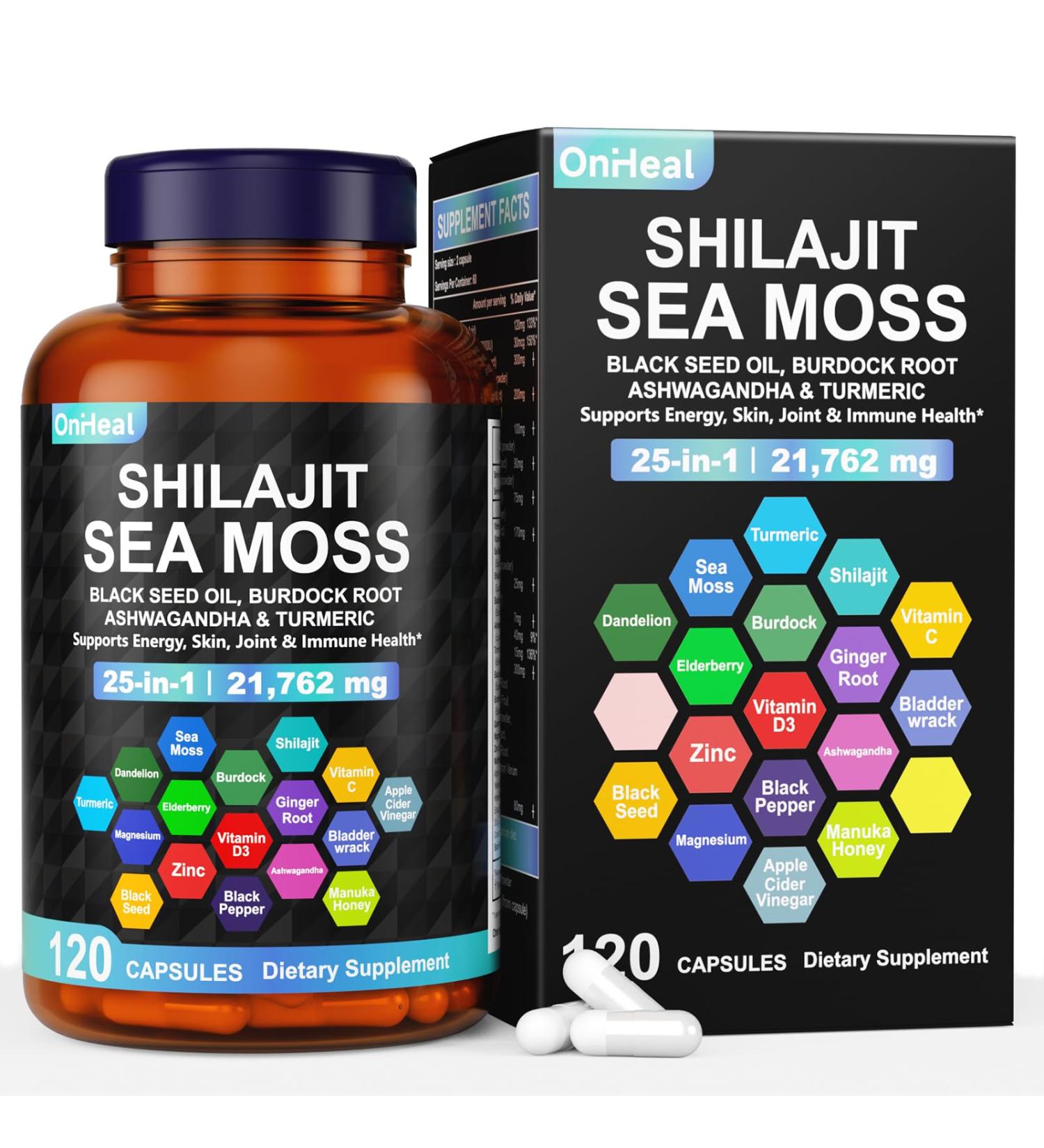 25-in-1 Sea Moss Black Seed Oil Ashwagandha Ginger Shilajit Supplement with Burdock Root Rhodiola Rosea Vitamins C & D3 Shilajit Capsules for Men & Women - Boosts Energy Skin Joints & Immunity - Buy Online on GoSupps.com