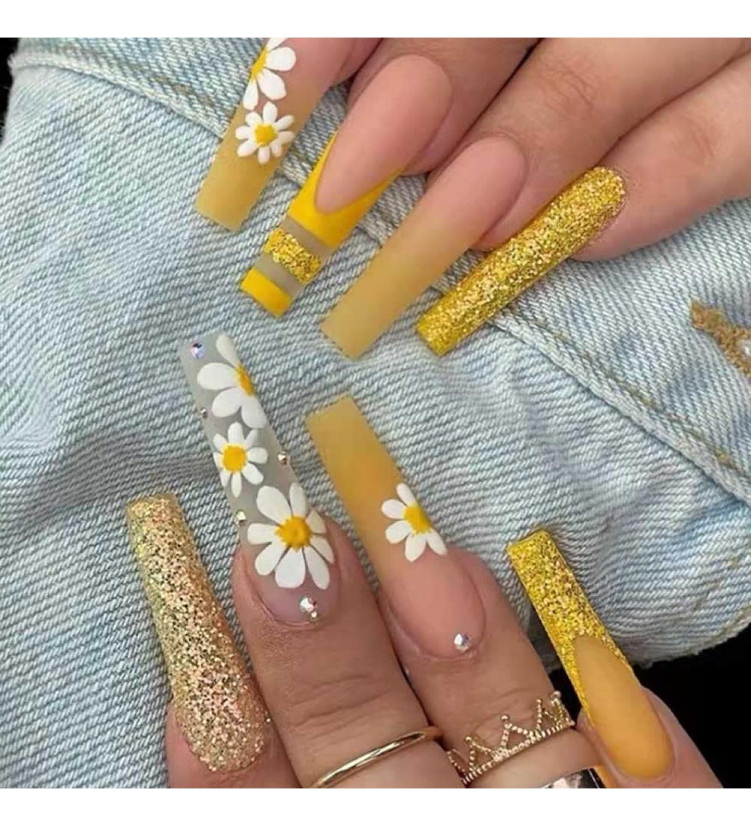 YoYoee 24 PCS Yellow Gradient Long Coffin Press On Nails - Daisy Acrylic Fake Nails for Women - Buy Online on GoSupps.com