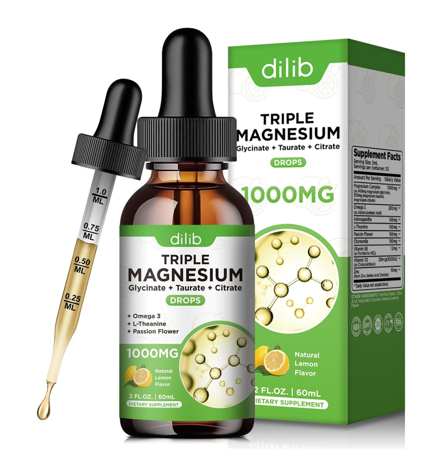 Magnesium Glycinate Liquid Drops with Taurate Citrate - Mangesium Supplement for Sleep Stress Relief Bone Muscle - 2 Fl Oz Vegan Lemon Flavor - Buy Online on GoSupps.com