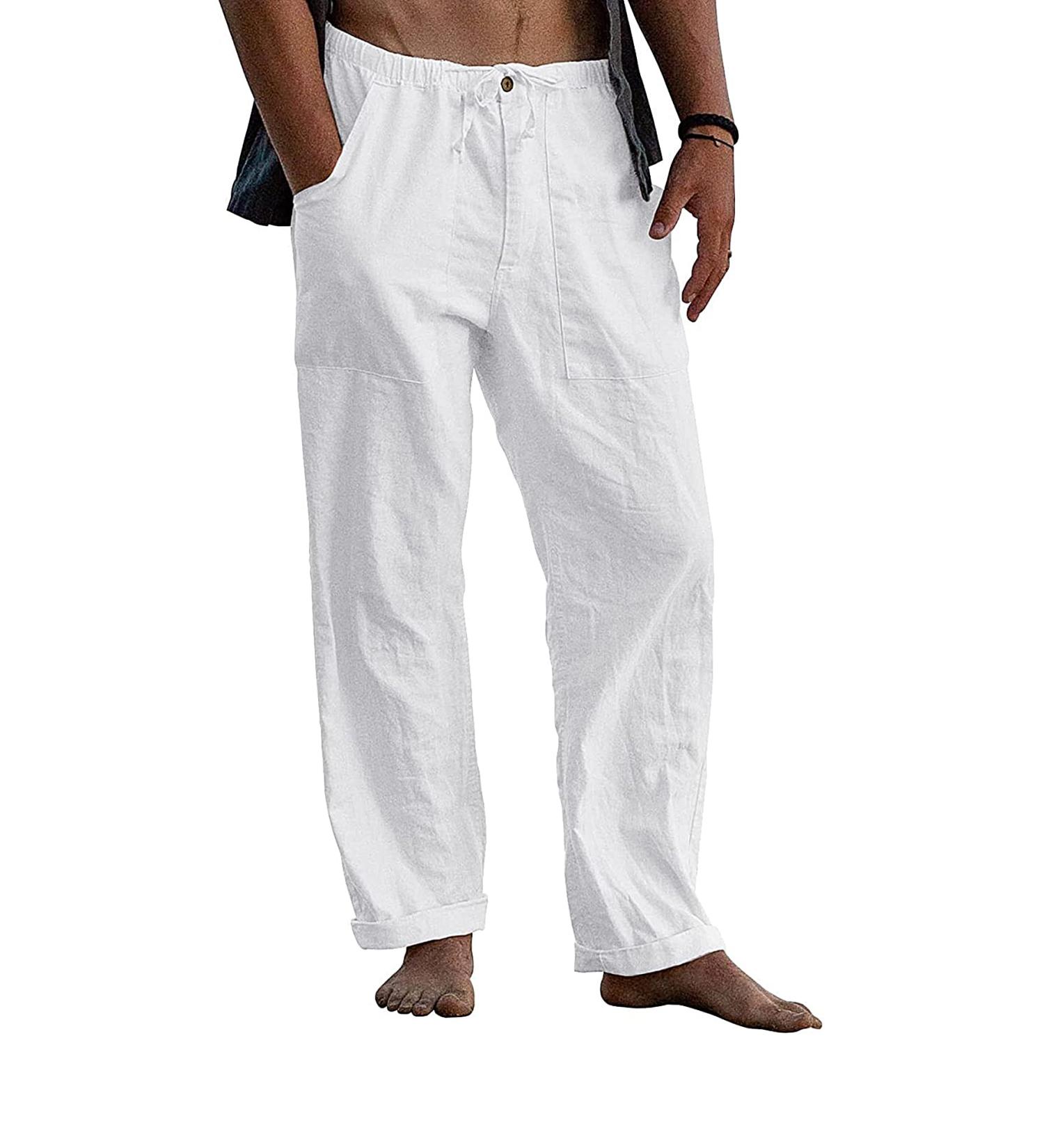 Buy Kvruhuiy Men's Linen Pants - Casual Long Wide Leg Zipper Summer Beach & Yoga Pants with Pockets in White - International Shipping Available - Buy Online on GoSupps.com