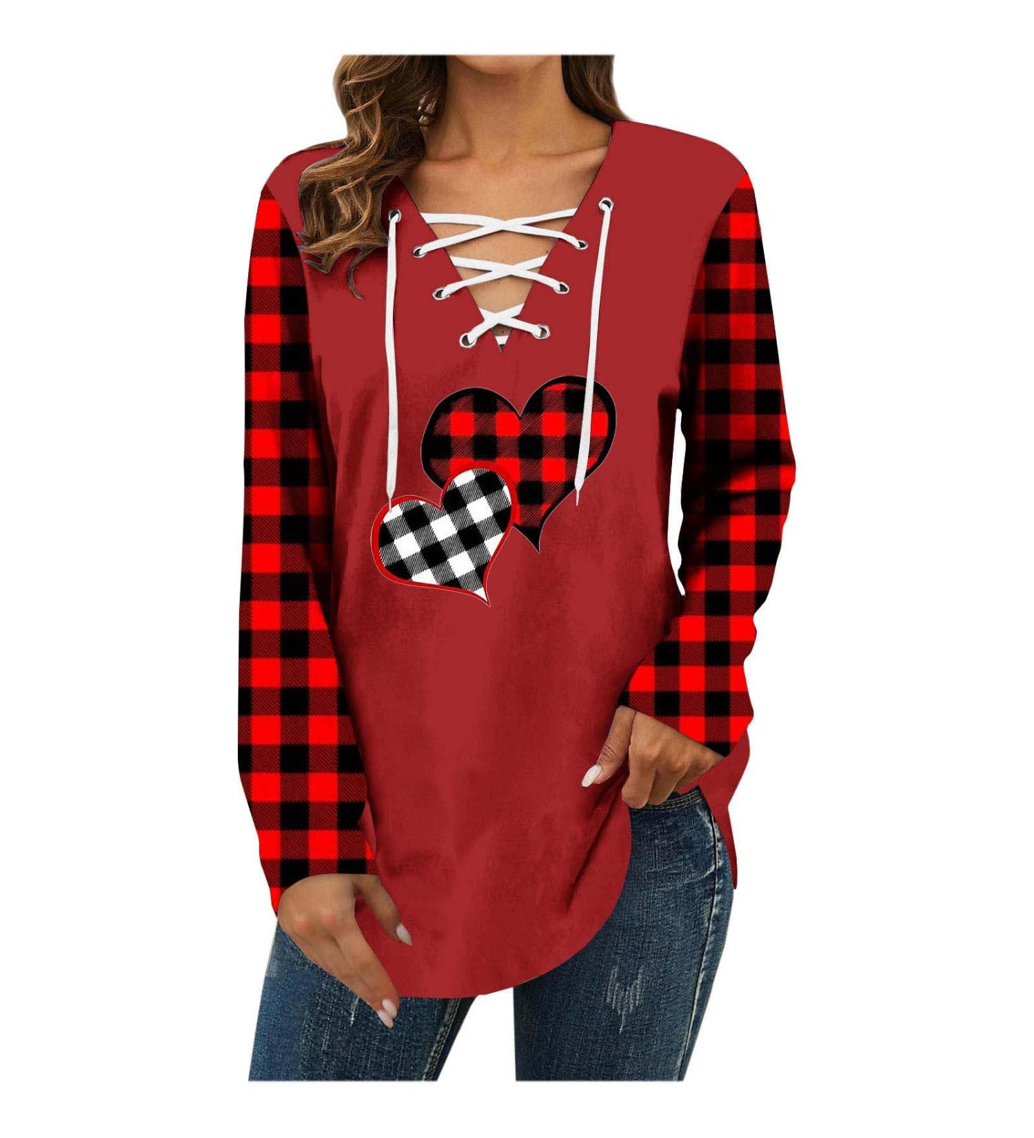oelaio Valentine's Day 2024 Women's Casual Long Sleeve Top Blouses Round Neck Plaid Loose Printed T-Shirts Tunic Tops - Buy Online on GoSupps.com