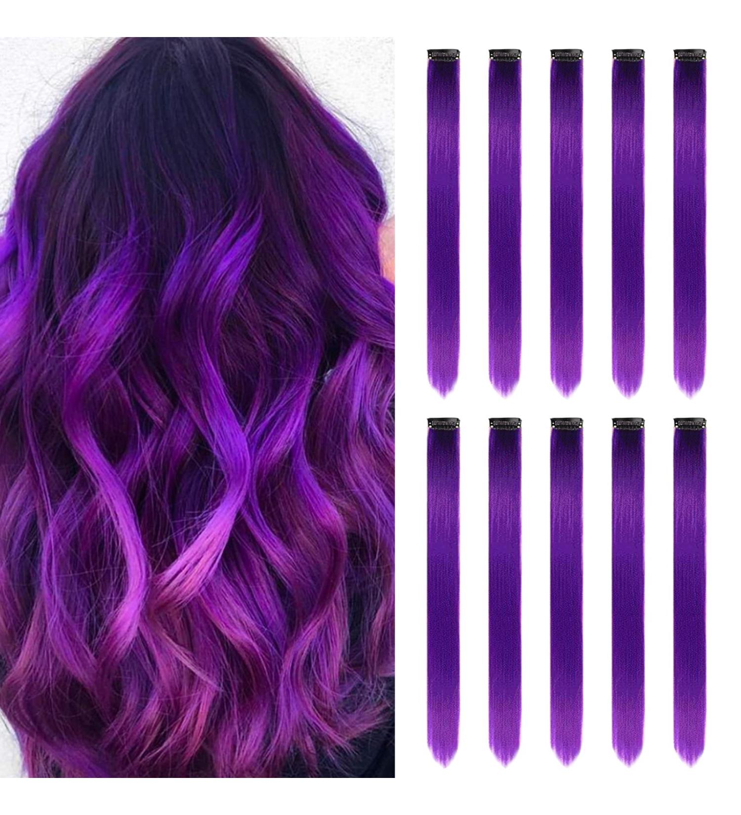 Colored Hair Extensions Clip In | 22 Inch Purple Highlights for Girls & Women | 10 PCS Colorful Straight Hair Accessories - Buy Online on GoSupps.com