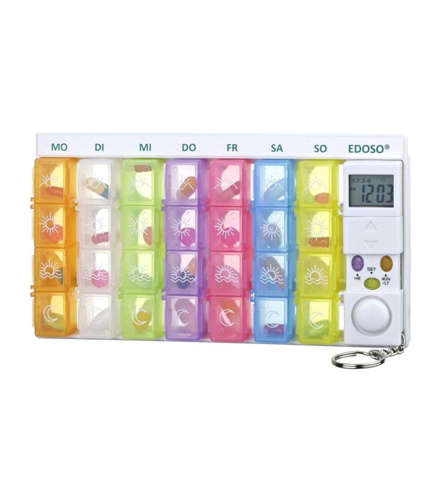 Edoso 7-Day Pill Organizer with Alarm | Weekly Medicine Box & Timer for Memory | German Description | Reinforced Alarm Tone | Colorful Tablet Containers - Buy Online on GoSupps.com