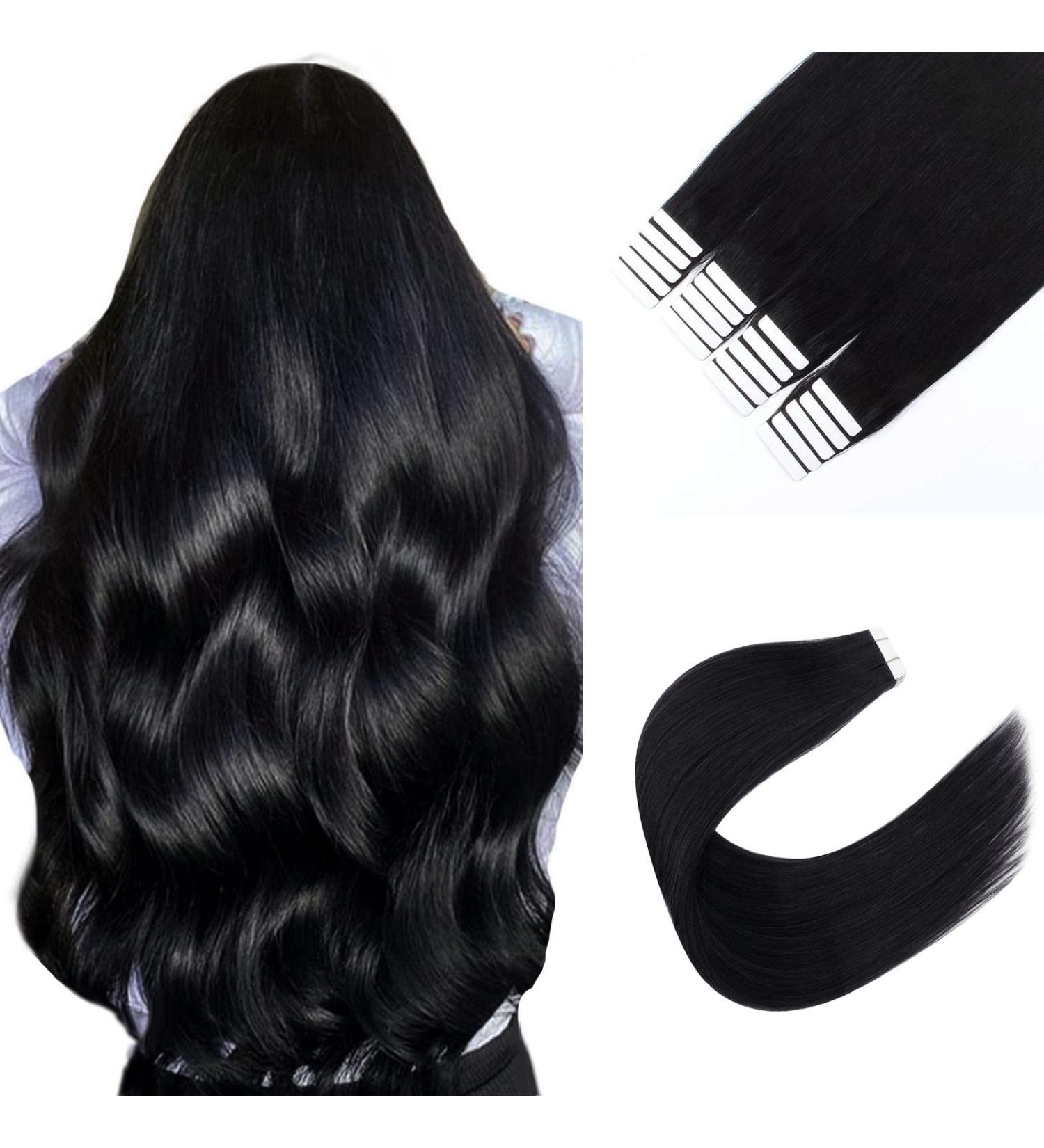 Sixstarhair Tape Extensions - 20 Pcs Silky Straight Real Hair Remy Extensions | #1 Black 30cm Skin Weft | International Shipping - Buy Online on GoSupps.com
