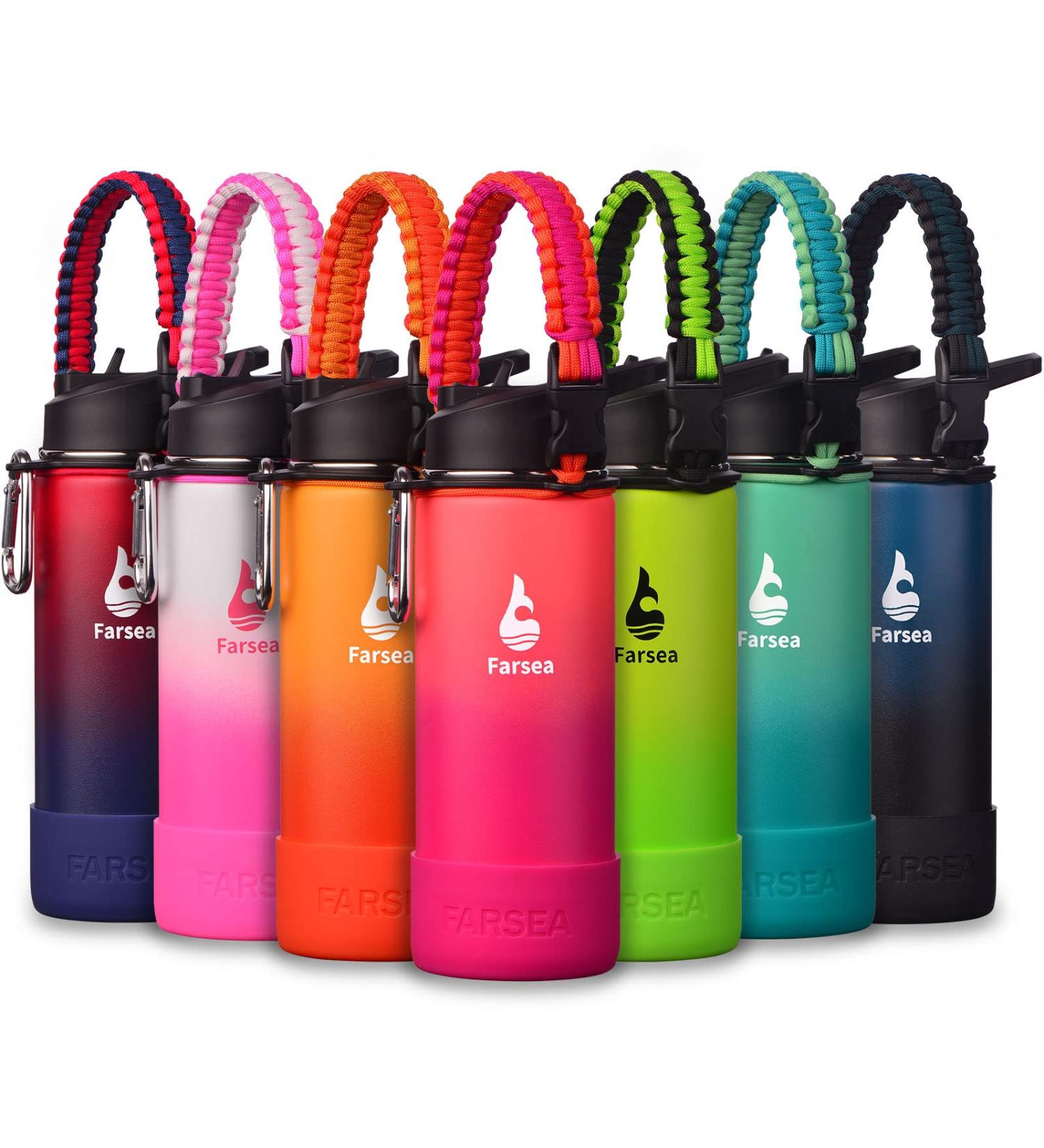 Farsea Insulated Water Bottle with Paracord Handle, Silicone Boot, 2 Lids - Stainless Steel, Double Wall, BPA-Free - 18 oz Coral/Punch - Buy Online on GoSupps.com