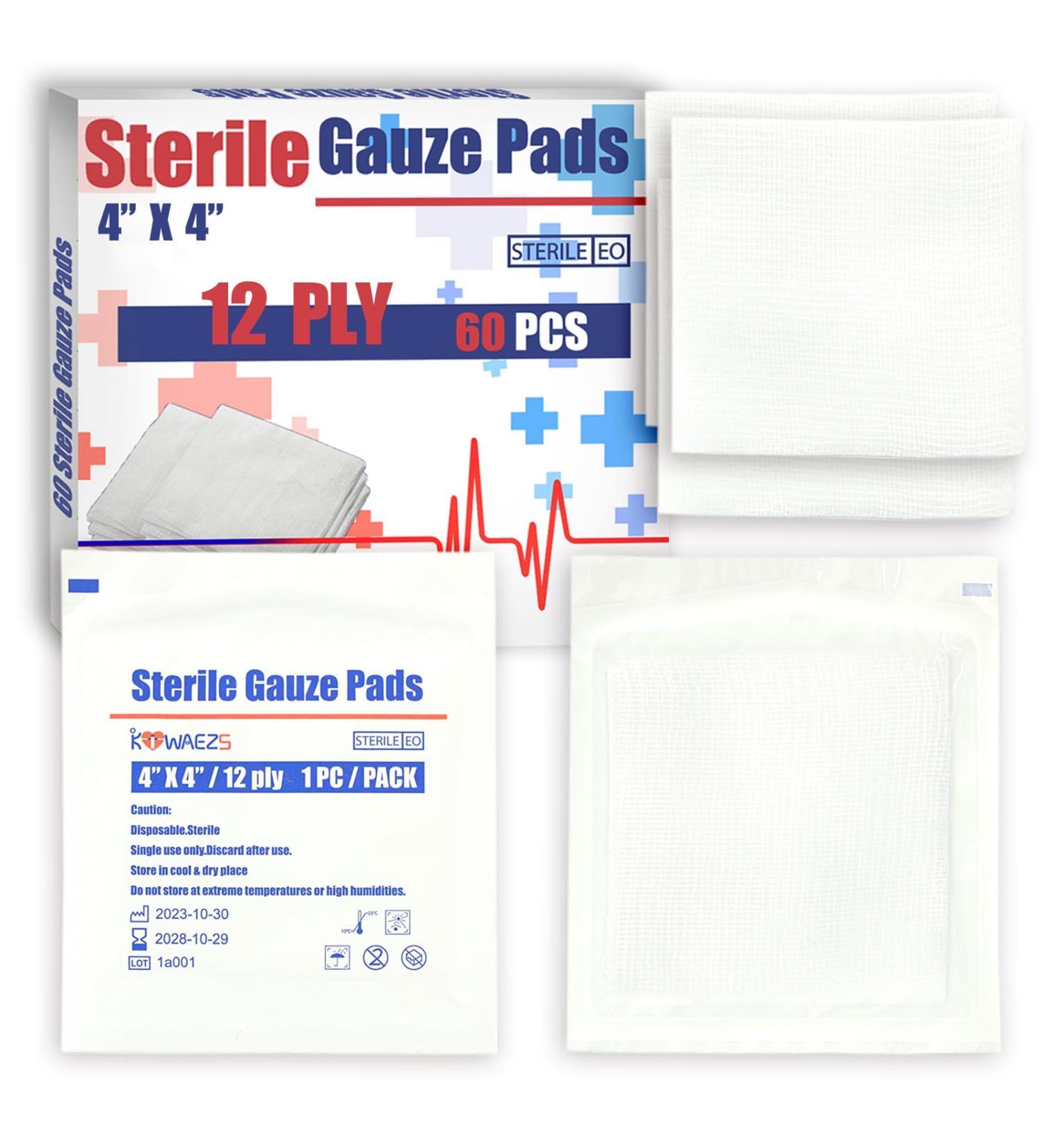 60 Pack Sterile 4x4 Large Gauze Pads - Non-Adhesive 12-Ply Woven Bandages for Enhanced Absorption - First Aid Medical Wound Care Kit - Buy Online on GoSupps.com