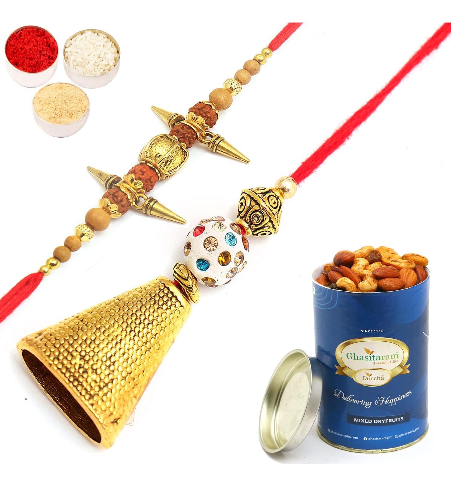 Ghasitaram Gifts Rakhis Online - Rakhi for Brother- Bells of Faith jbl5701 Bhaiya Bhabhi Rakhi with 100 GMS of Dryfruits Mix Can Rakhi Set with 100 gms of Dryfruits Mix Can - Buy Online on GoSupps.com