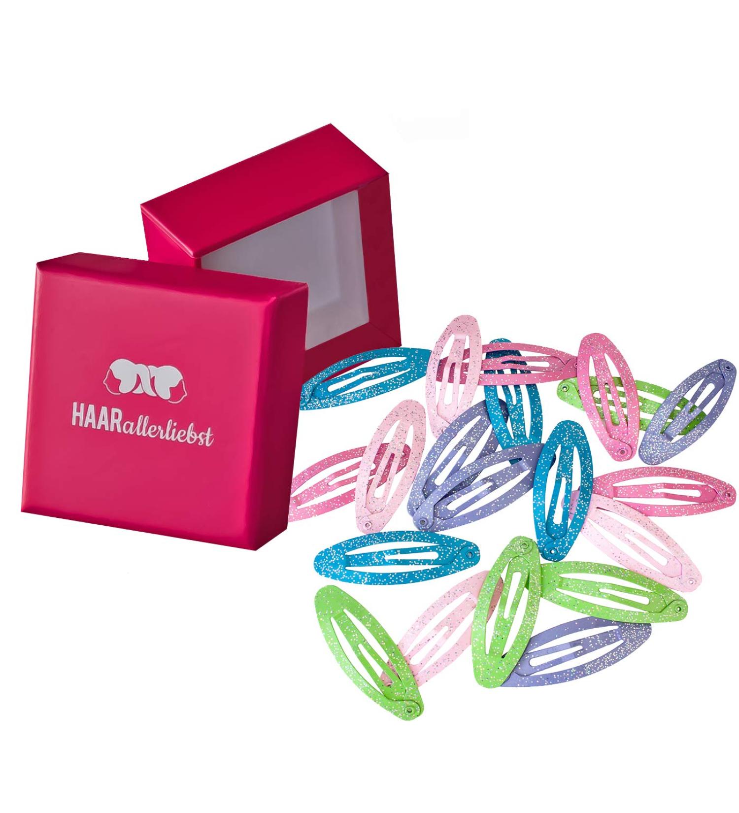 HAARallerliebst hair clips oval (20 pieces | glitter | 4.8 cm) for girls including box for storage (box color: pink)