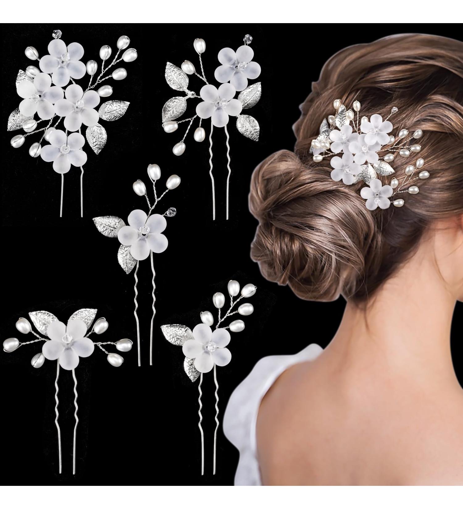 Melliex 5-Piece Wedding Hair Needles & Pearl Flowers | Silver Bridal Jewelry U-Shaped Hair Clips for Women & Girls - Buy Online on GoSupps.com