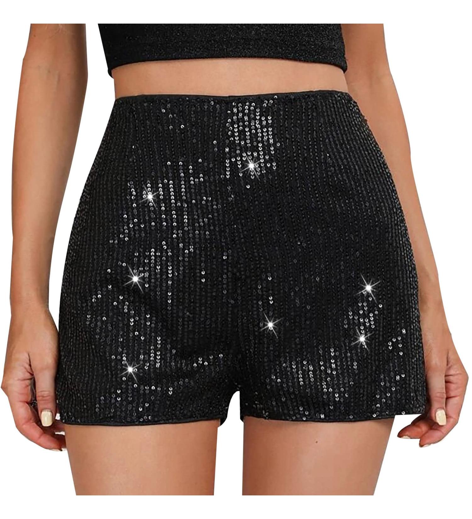 Duohropke women metallic hot pants sequins glitter shorts with high waist sexy short trousers shorts for dance sport disco costume carnival carnival l black