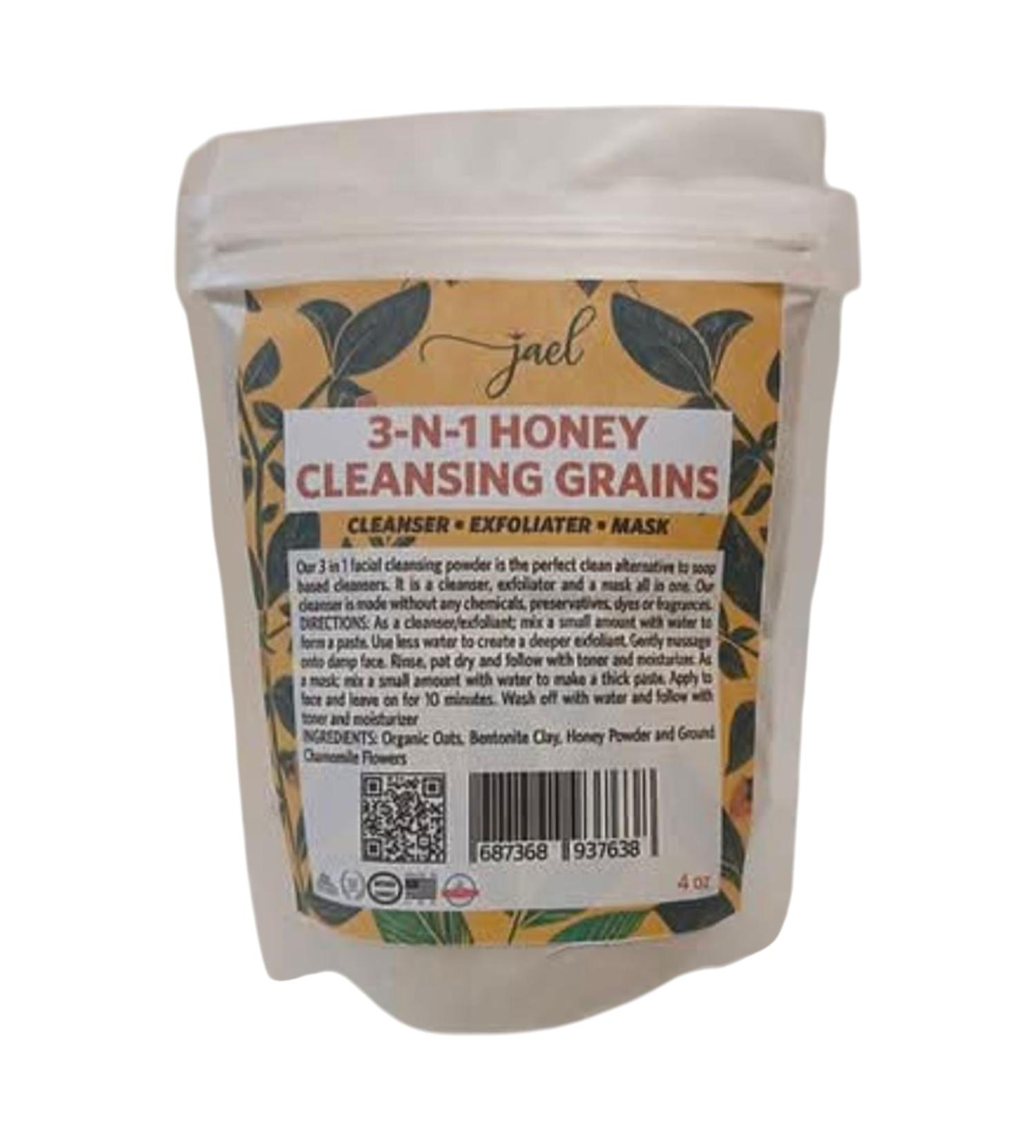 Jael 3 N1 Honey Cleansing Grains 4 oz exfoliator masque and cleanser. Contains organic oats honey powder bentonite clay and ground chamomile. As natural as can be.