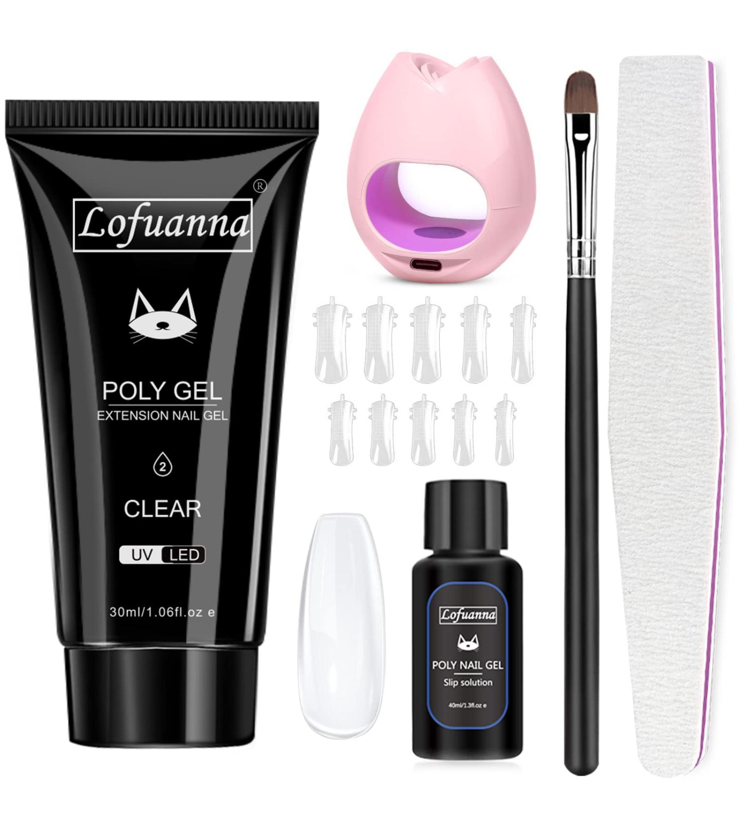 Lofuanna Poly Gel Nail Kit - Clear Poly Extension Gel Starter Kit with Lamp, Slip Solution & Nail Strengthening Brush - DIY for Beginners - Buy Online on GoSupps.com