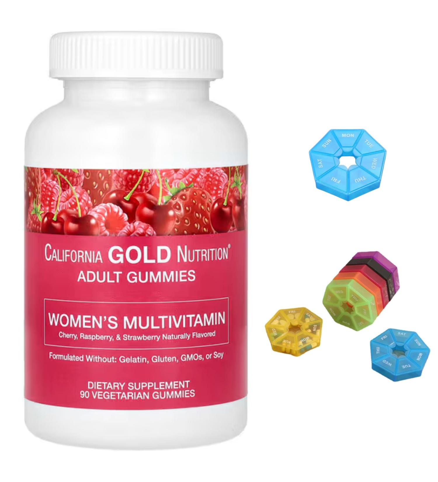 Women s Multivitamin Gummies Compatible With California Gold Nutrition Cherry Strawberry and Raspberry 90 Gummies + Bonus Pill Organizer Weekly Pill Organizer Mini - Buy Online on GoSupps.com