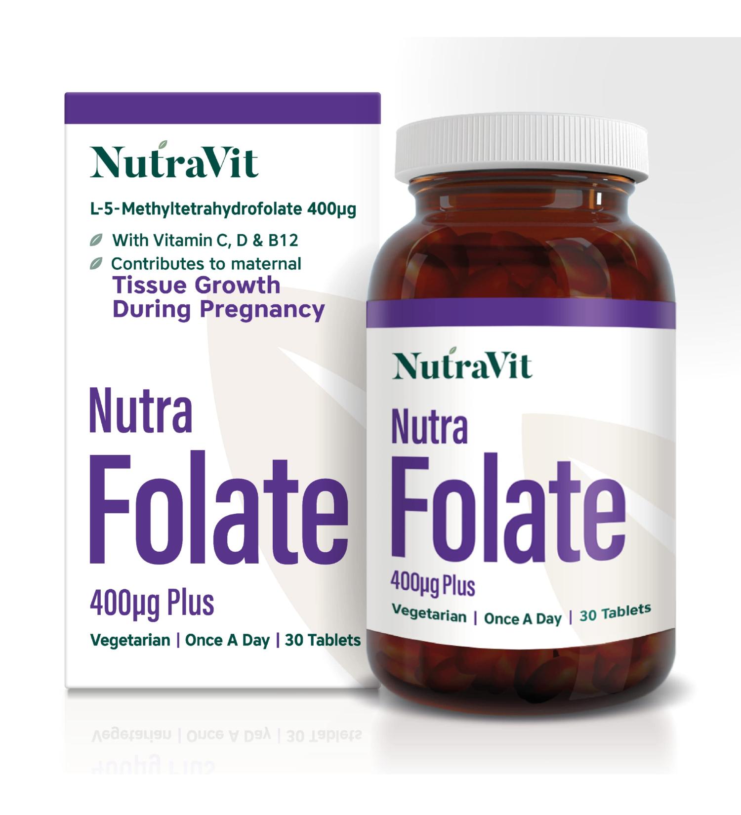 NUTRAFOLATE Plus 400mcg Folic Acid Tablets | Pregnancy & Pre-Pregnancy Vitamin with Vitamins D, C, B12 | Vegetarian | NutraVit - Buy Online on GoSupps.com