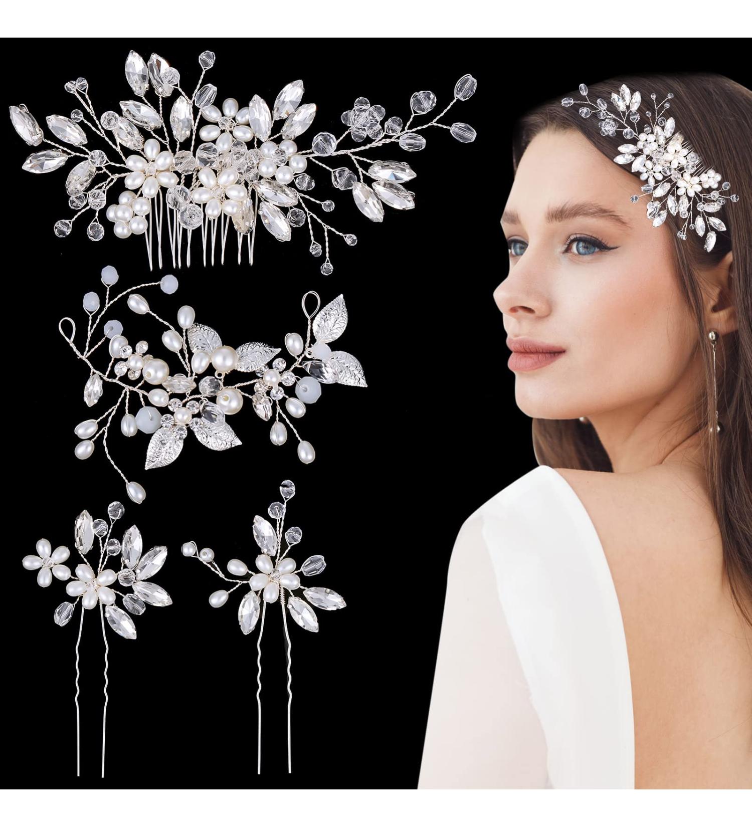 Silver Bridal Hair Comb Set - Wedding Hair Vine with Pearls and Rhinestone Flower Hair Pins - Buy Online on GoSupps.com