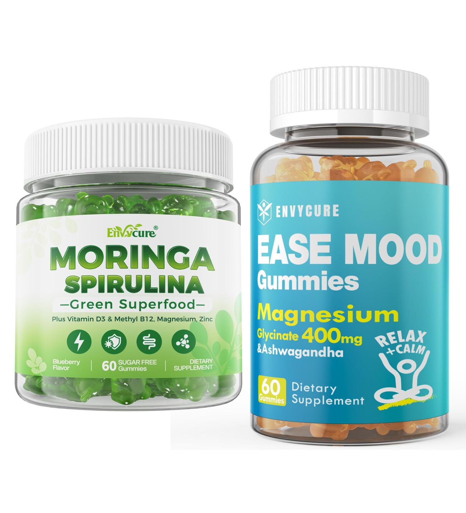 EnvyCure 2 Pack Moringa Spirulina Gummies Organic with 2 Pack Sugar Free Magnesium Glycinate Gummies 400mg - Buy Online on GoSupps.com