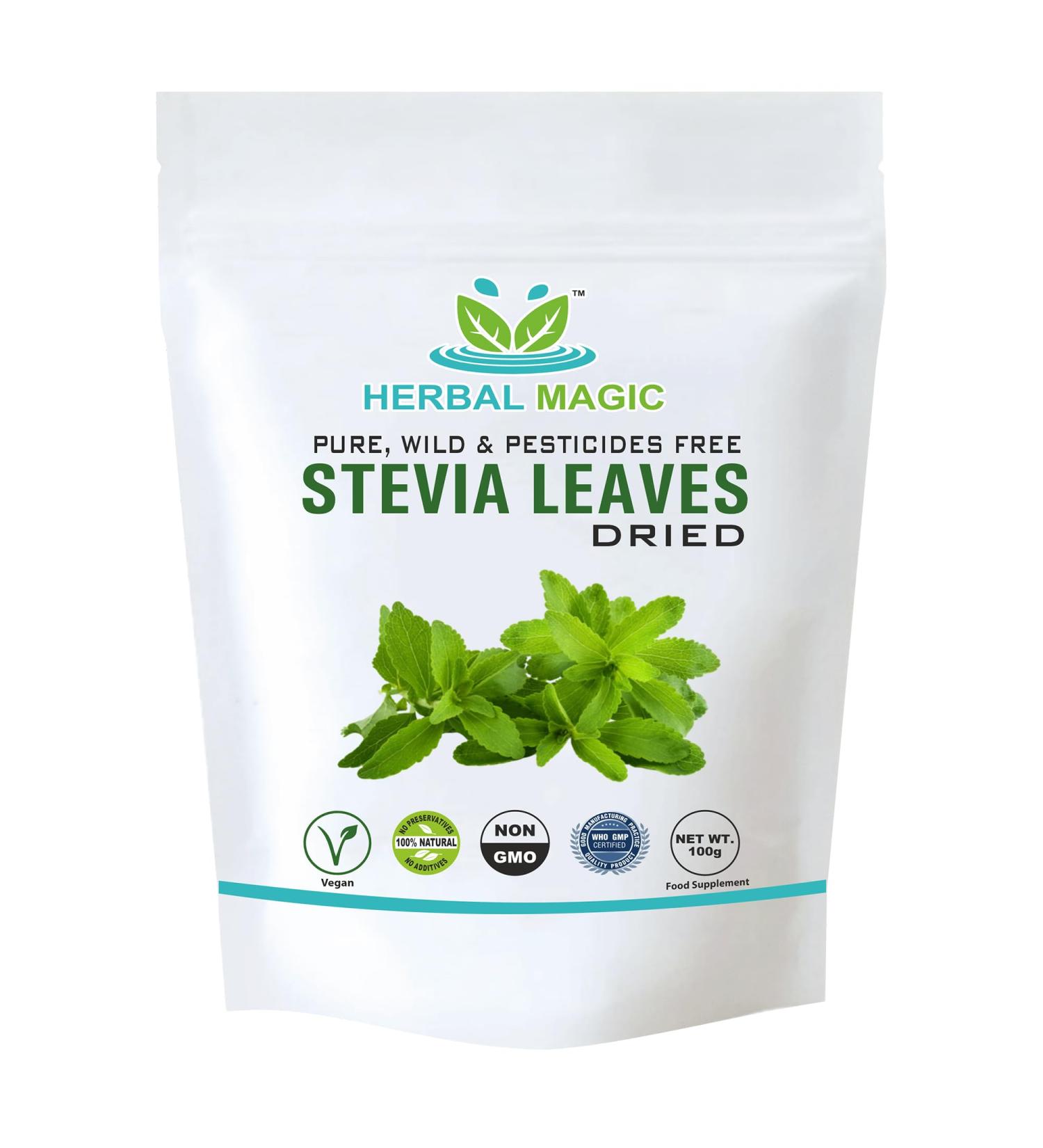 Herbal Magic's Pure & Natural Whole Dried Stevia Leaf Cuts Natural Sweetener Whole Leaves Used Premium Quality Stevia Leaf Cuts -100g - Buy Online on GoSupps.com