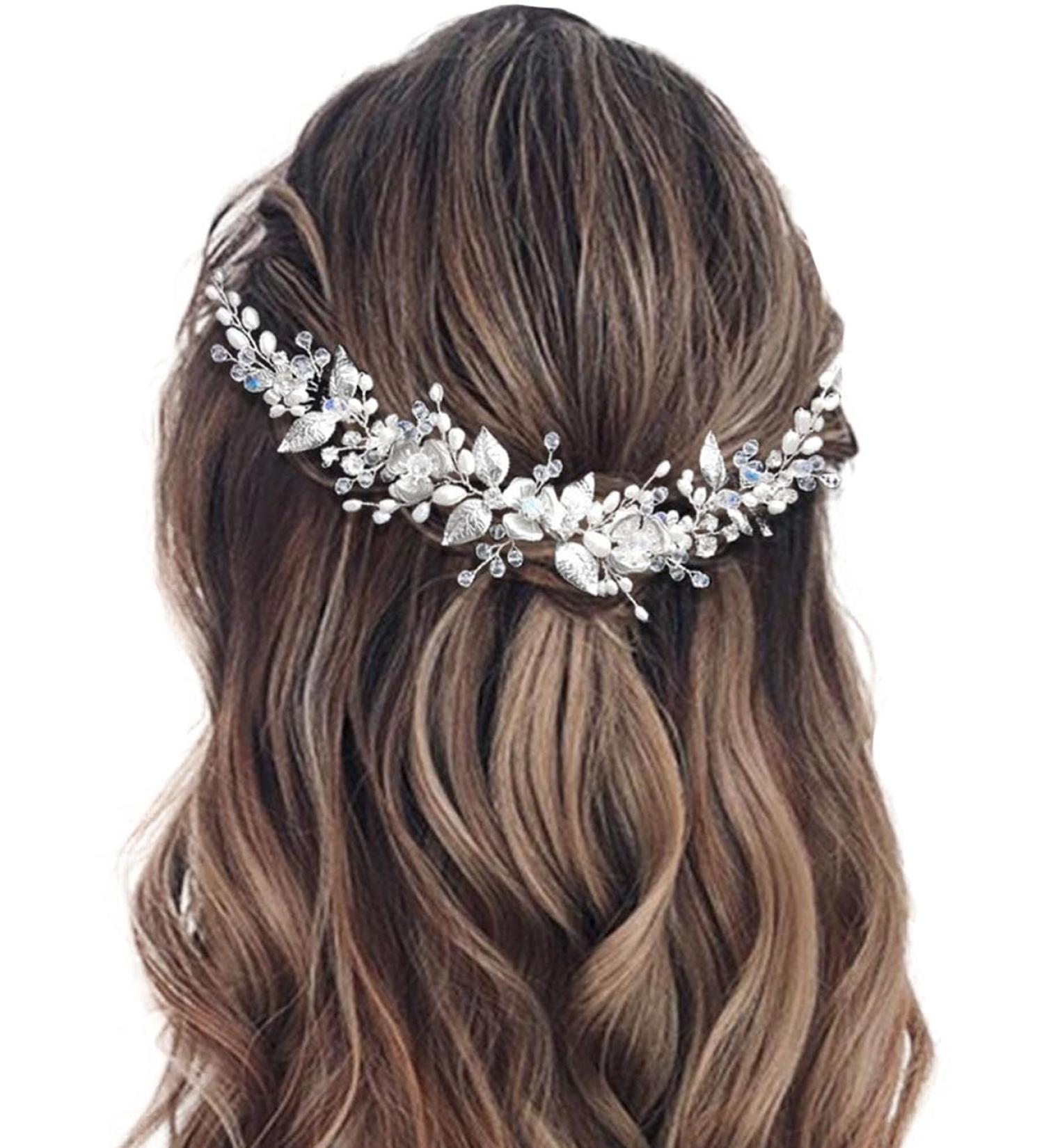 Easedaily Silver Flower Leaf Bridal Hair Vine Headpiece with Pearls - Wedding Hair Accessories for Women and Girls - Buy Online on GoSupps.com