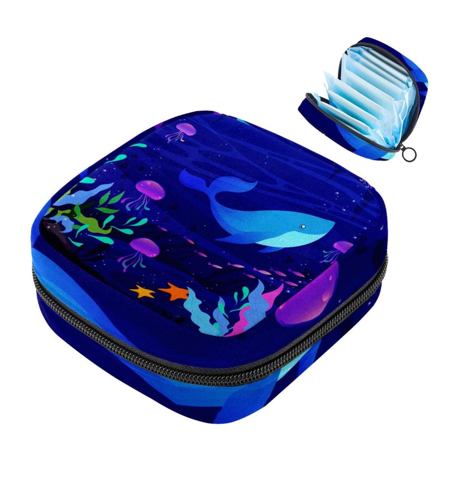 Eco-Friendly Menstruation Pad Bag with Zipper | Underwater Blue Whale Design | Stylish Napkin & Tampon Storage for Women & Girls - Buy Online on GoSupps.com