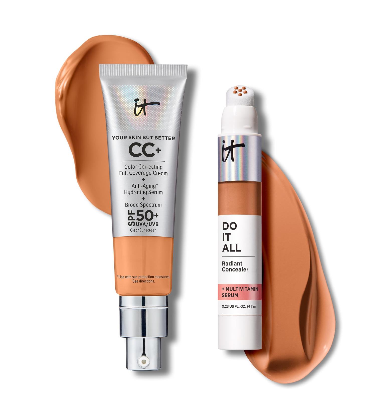 IT Cosmetics CC+ Cream with SPF 50+ Natural Finish Full Coverage Foundation (Tan Cool - 1.08 fl oz) & Do It All Radiant Concealer Multivitamin Serum Makeup (415 Tan Cool - 0.2 fl oz) - Buy Online on GoSupps.com