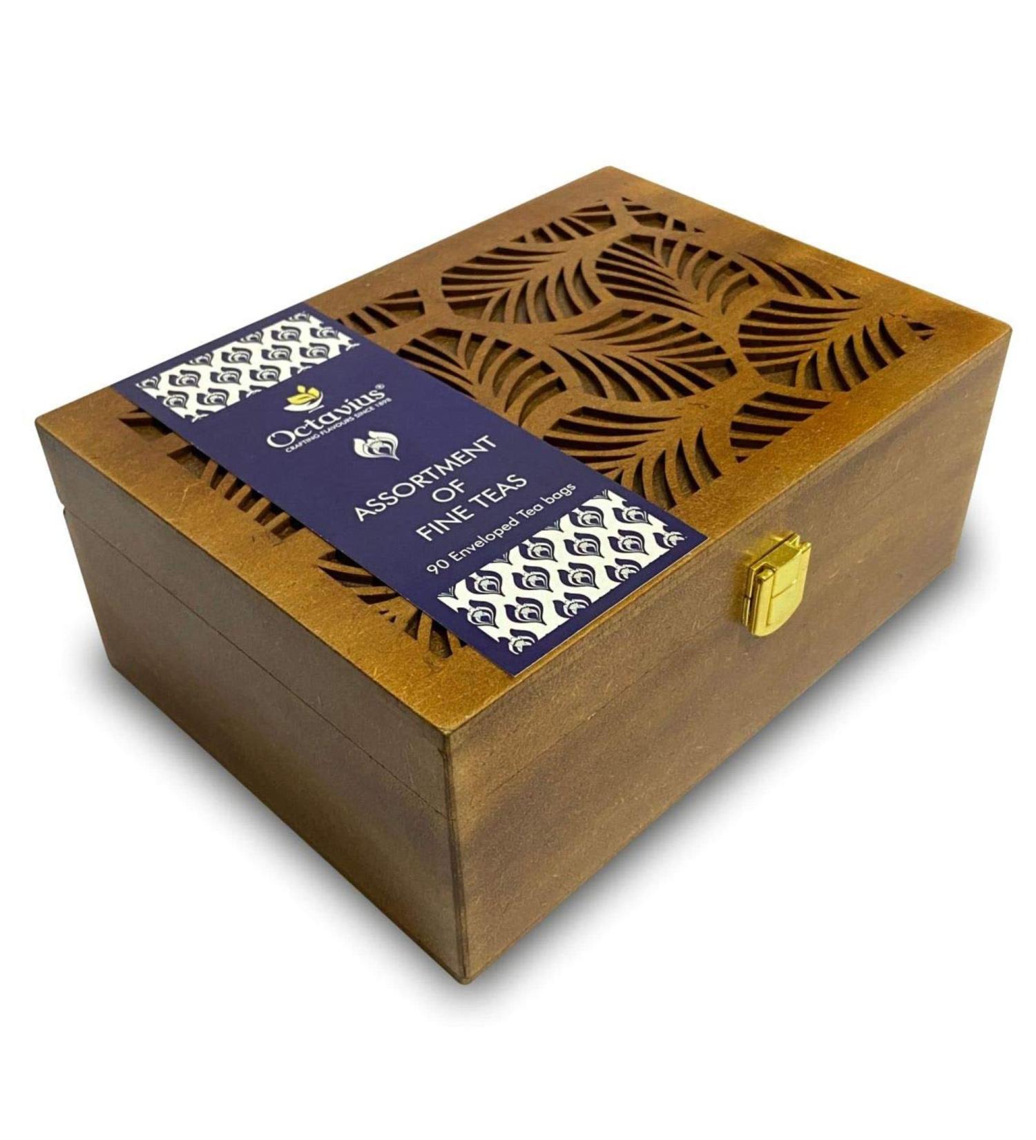 Octavius Hand Carved Wooden Tea Sampler Pack - 90 Enveloped Double Chamber Tea Bags - Assorted Black & Green Teas - Tea Sampler Variety Pack - Perfect for Tea Lovers - Pack of 1 - Buy Online on GoSupps.com