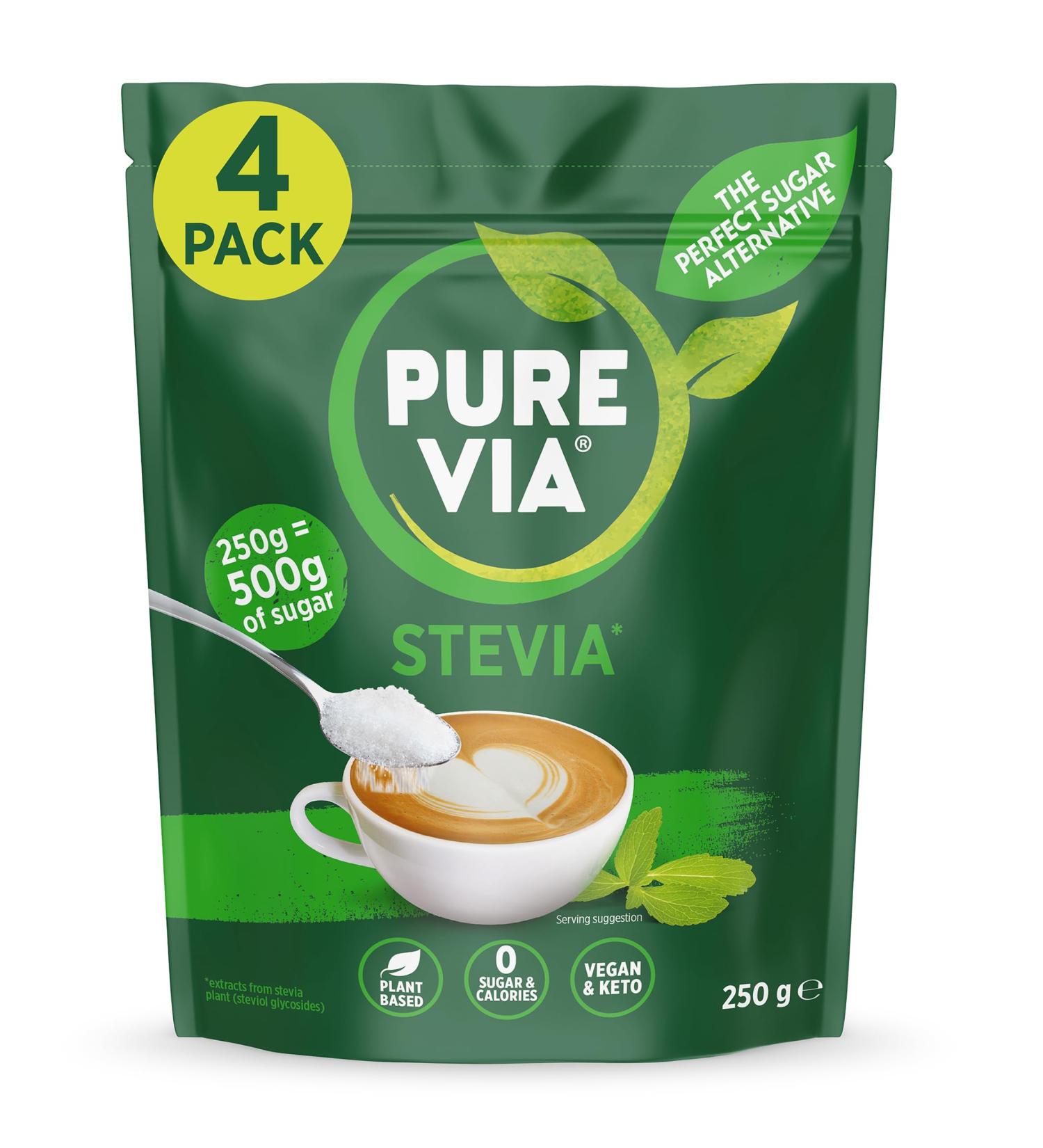 Merisant Pure Via Stevia Sugar Alternative Gluten Free and Zero Calorie Natural Sweetener 250g X 4 Equivalent to 1kg - Buy Online on GoSupps.com