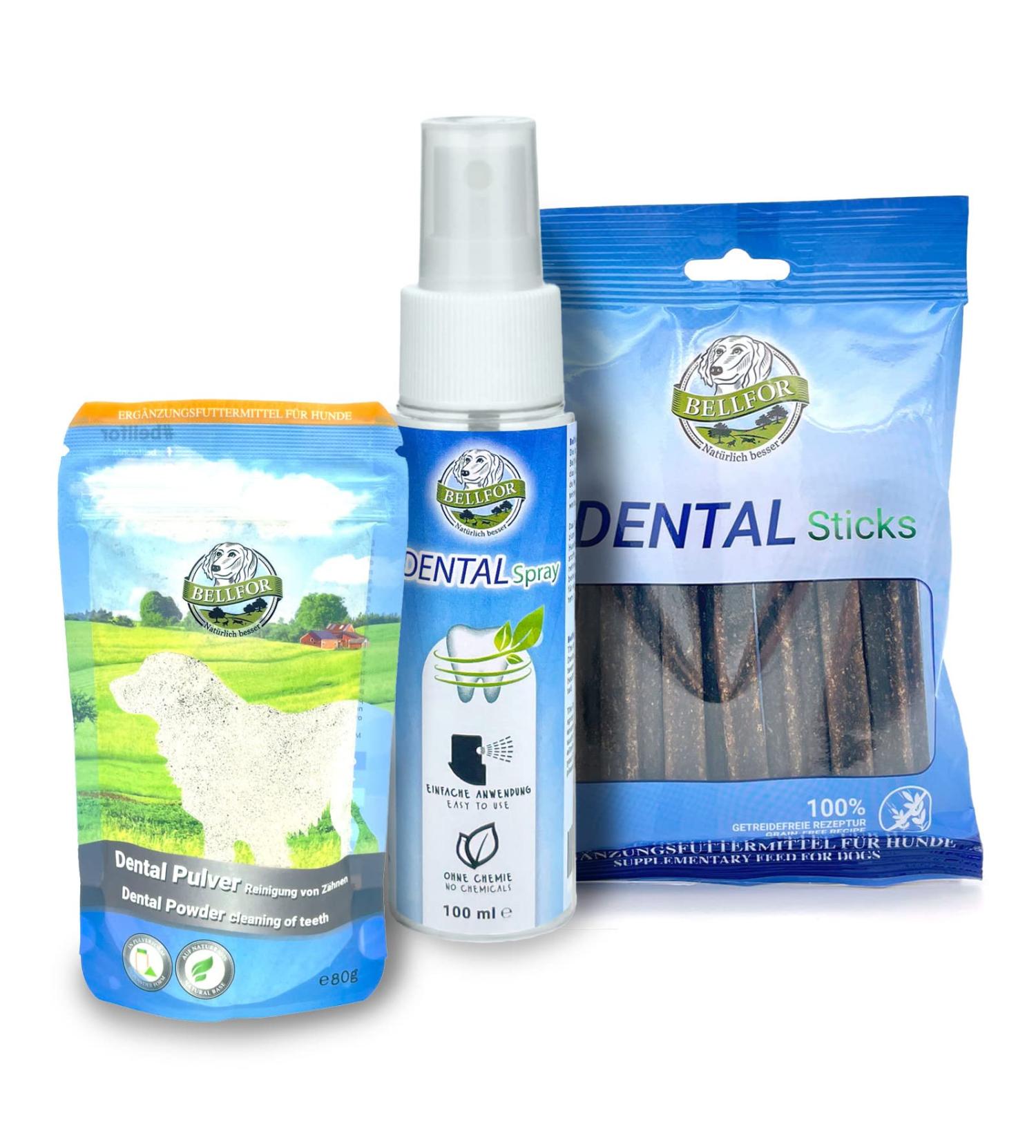 Bellfor Natural Dental Care for Dogs - Tartar Control Easy Dosage All Breeds | Savings Set: Powder Sticks Spray (100g) - Buy Online on GoSupps.com