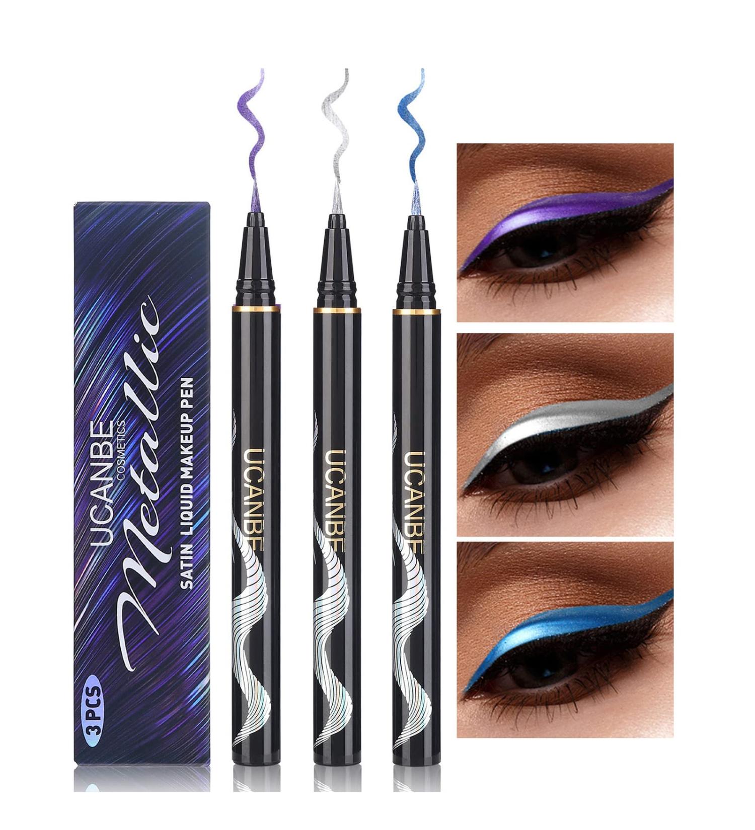 UCANBE 3PC Metallic Liquid Eyeliner Set - Blue, Purple, Silver Glitter Eye Liner Pen | Waterproof, Smudge Proof, Long Lasting Formula - Buy Online on GoSupps.com