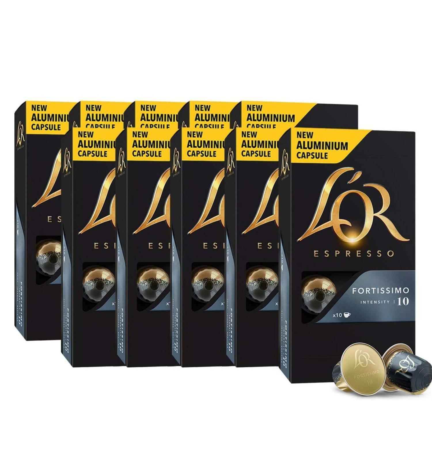 L'OR Espresso Caf Fortissimo Intensity 10 Aluminum Coffee Capsules Compatible with Nespresso * - 10 Packs of 10 Capsules (100 Drinks) - Buy Online on GoSupps.com