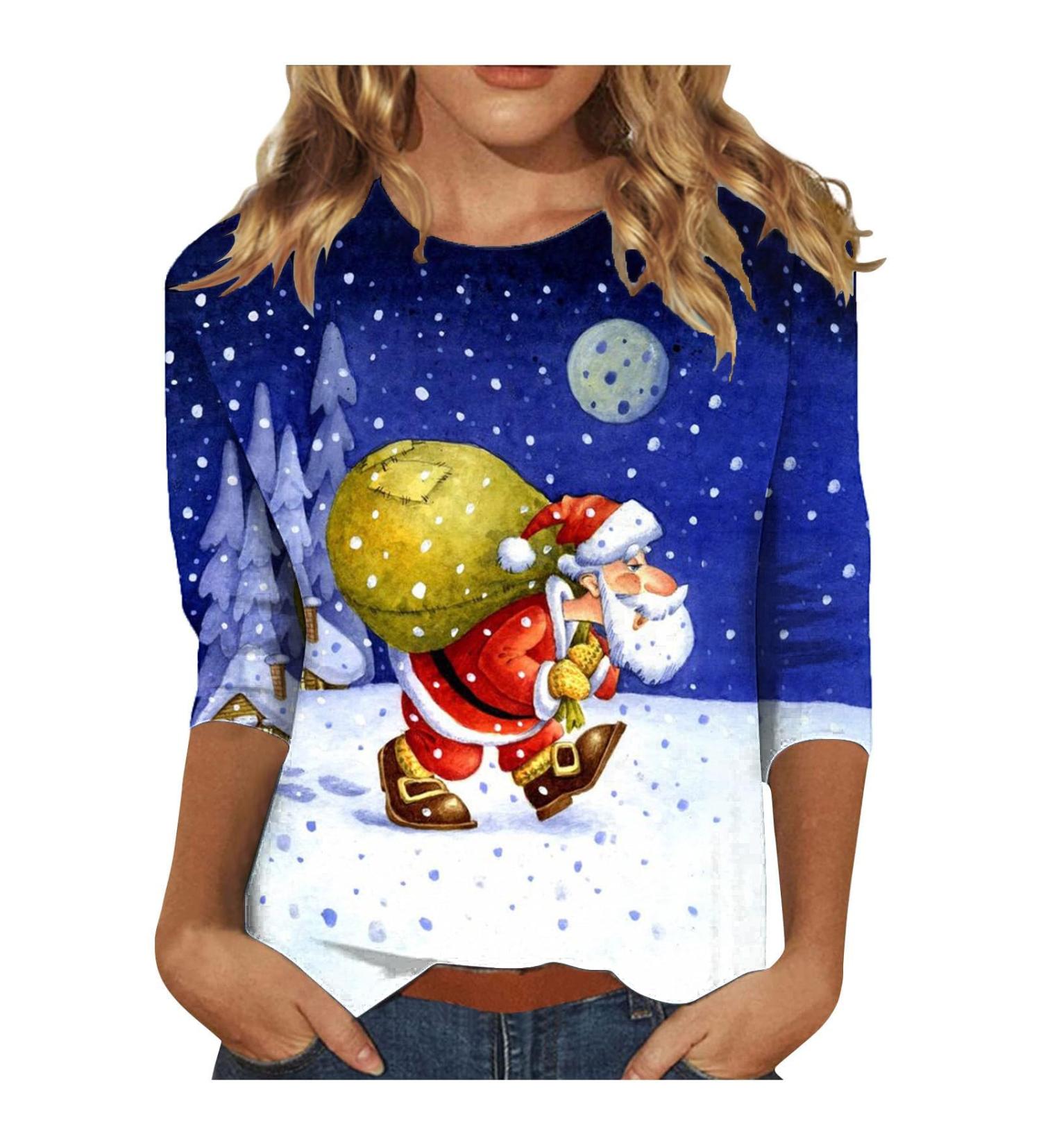 Yihaojia 3/4 Length Sleeve Chirstmas Shirts for Women 2023 Casual Blouses Crewneck Xmas Printed Cute Tops Loose Fit Pullover Blue Large - Buy Online on GoSupps.com