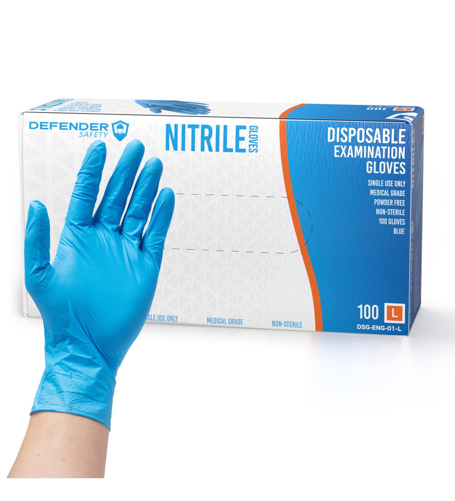Defender Safety Nitrile Examination Gloves - Medical Grade, Chemo-rated, Powder Free, Blue - Large Box (100 Gloves) - Buy Online on GoSupps.com