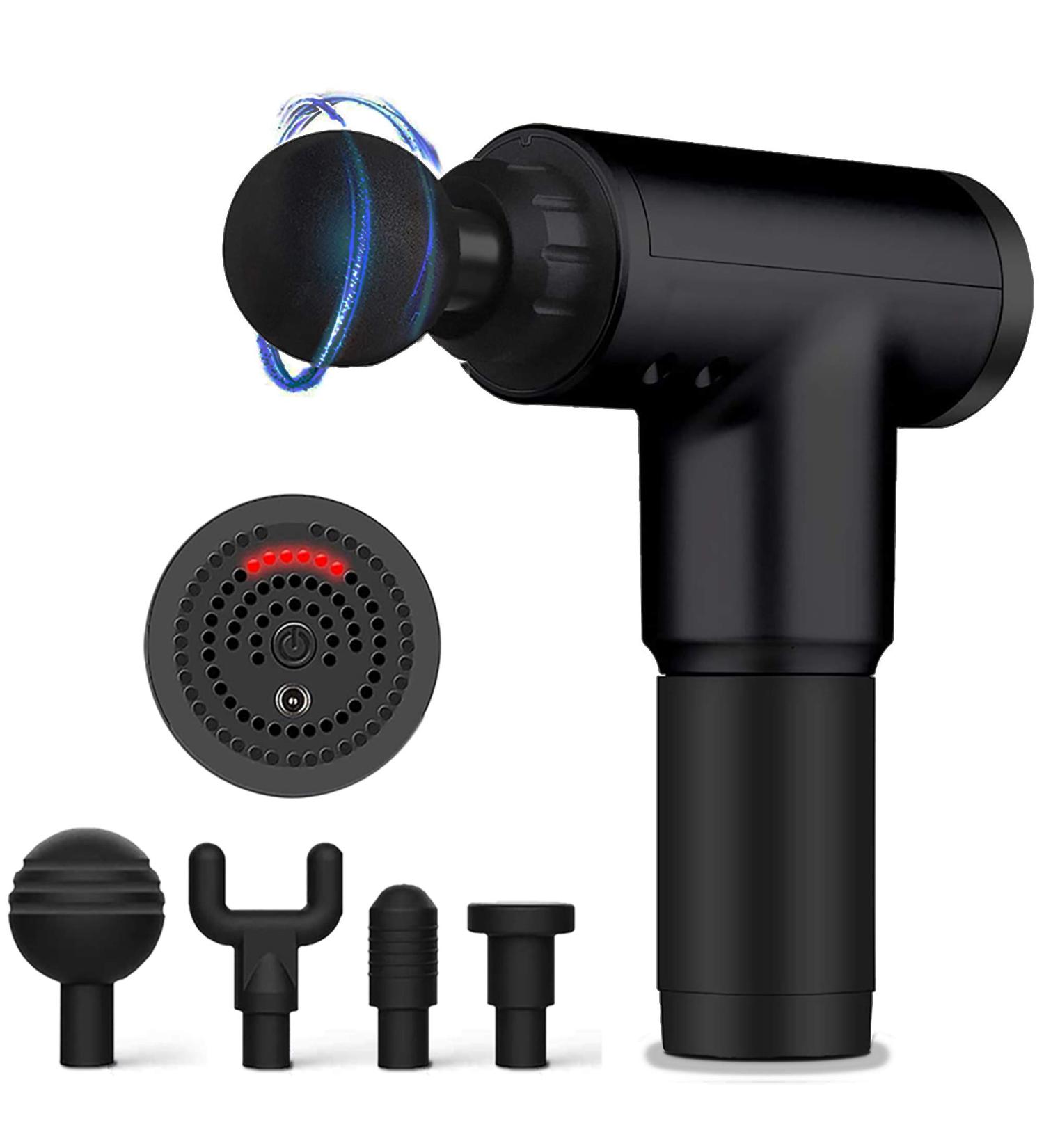 Deep Tissue Massage Gun | 6 Speeds, 4 Heads, Cordless Handheld Percussion Device for Muscle Relaxation - Black - Buy Online on GoSupps.com