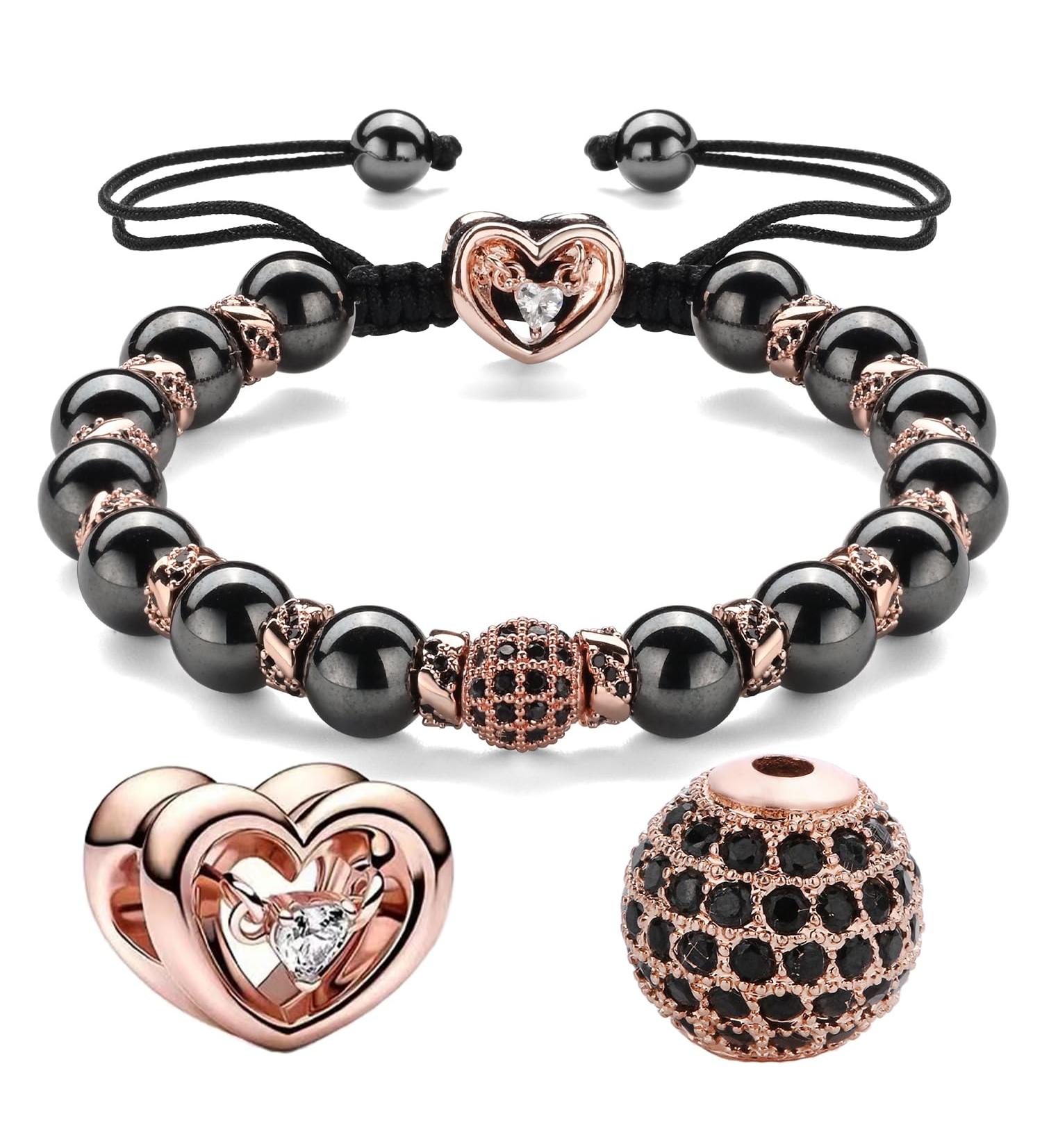 18k Gold Magnetic Hematite Bracelet - Eumenides Hematite Magnet Hard Band with Black Zirconia & Rose Gold Pearls - Eliminate Static Electricity - 8mm - Buy Online on GoSupps.com