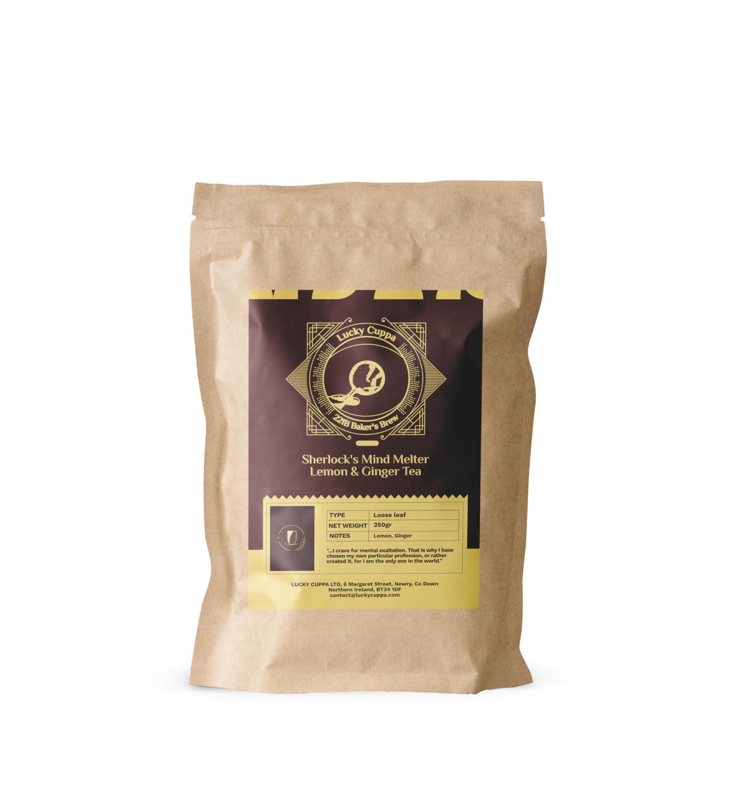 Lucky Cuppa's "221b Bakers Brew" Sherlock's Mind Melter Lemon and Ginger Loose Leaf Tea - Bag of Decaf Loose Tea Leaves - Holmes Party Gift for Tea Lovers - 250g - Buy Online on GoSupps.com