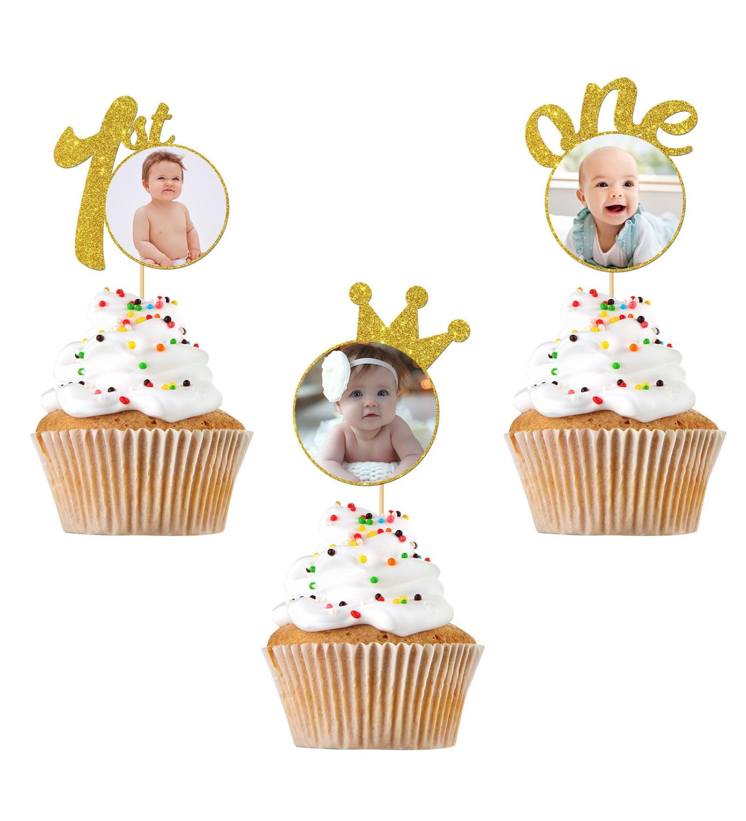 RoadSea 1st Birthday Cupcake Toppers with Photo Frame - Baby Shower Party Photo Cupcake Supplies - 1st Birthday Milestone - Boy Girl Birthday Party Dessert Decorations - 12 PCS Glitter - Buy Online on GoSupps.com