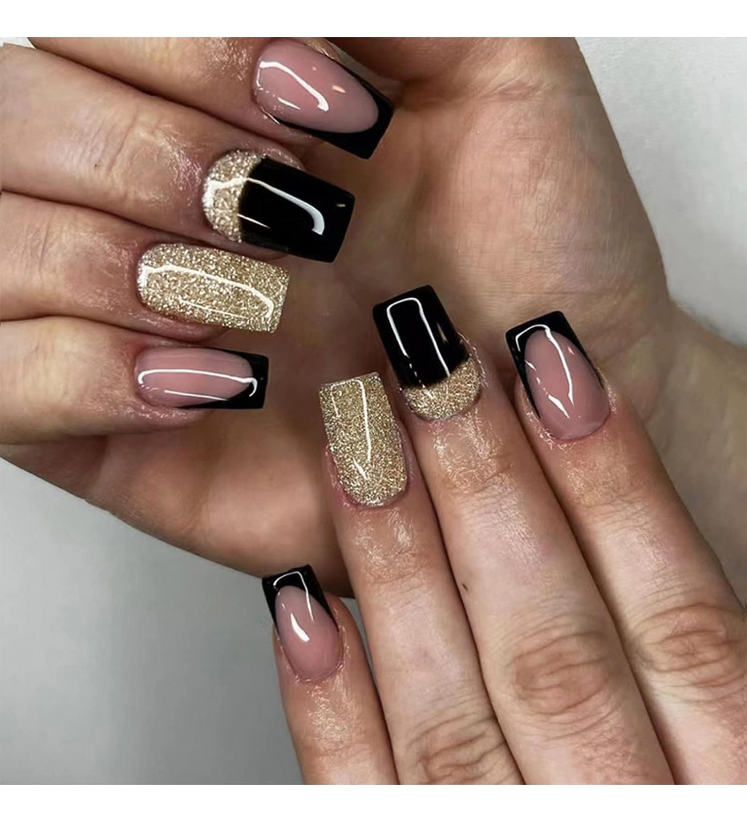 24pcs French Glitter Gold Square False Nails | Black Tip Press On Nails | Acrylic Full Cover Nails | Women Girls Nail Art Accessories - Buy Online on GoSupps.com