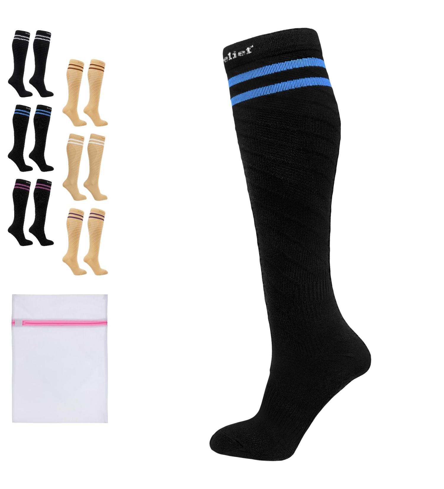 360 RELIEF - Flight Compression Socks Supports | Blood Circulation Travel Work S-M Black with 2 Blue lines - Buy Online on GoSupps.com