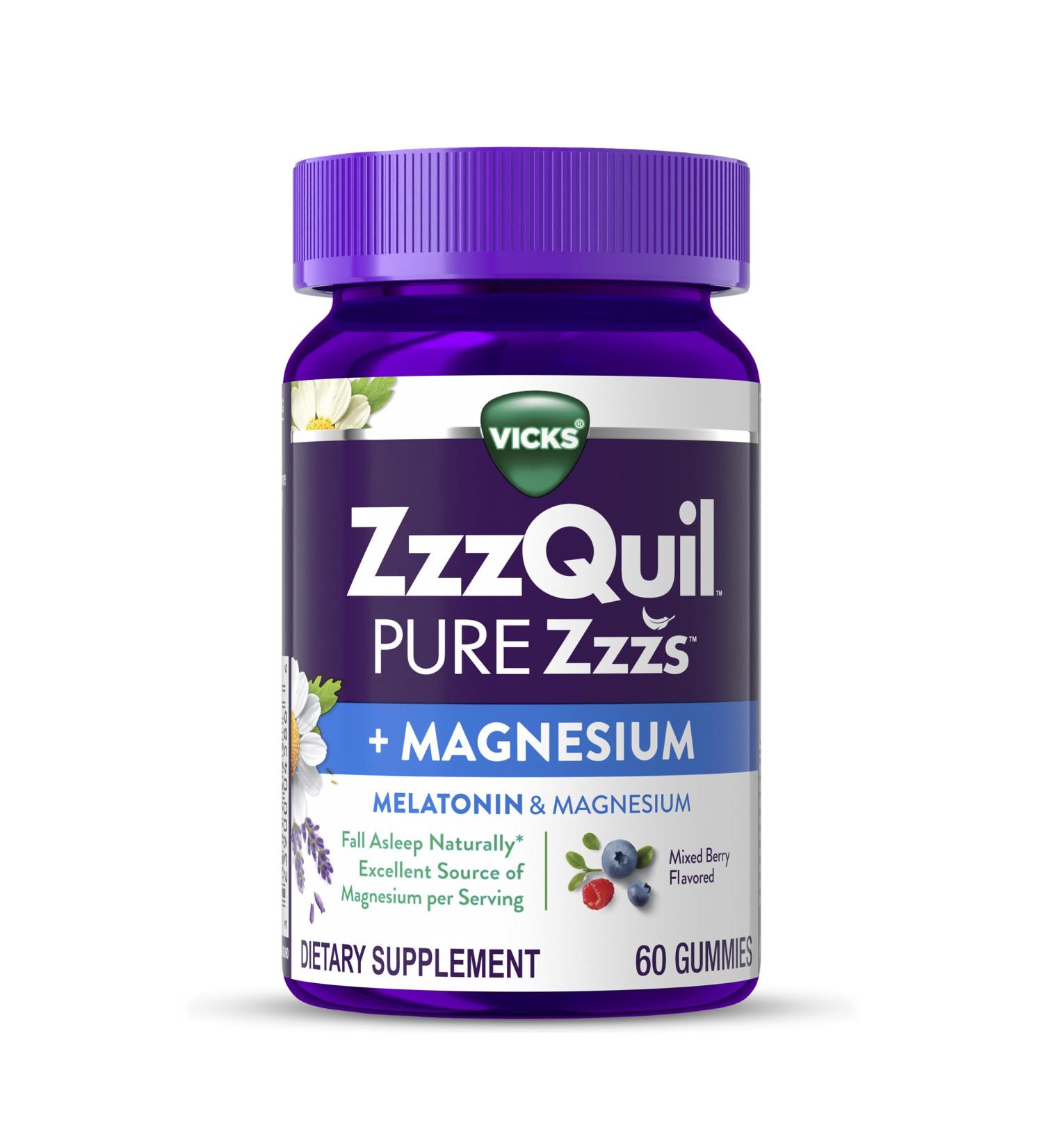 ZzzQuil Pure Zzzs + Magnesium Sleep Aid Magnesium Citrate and Melatonin Gummies Melatonin 2mg Sleep Aids for Adults Mixed Berry Flavored 60 Sleep Gummies - Buy Online on GoSupps.com