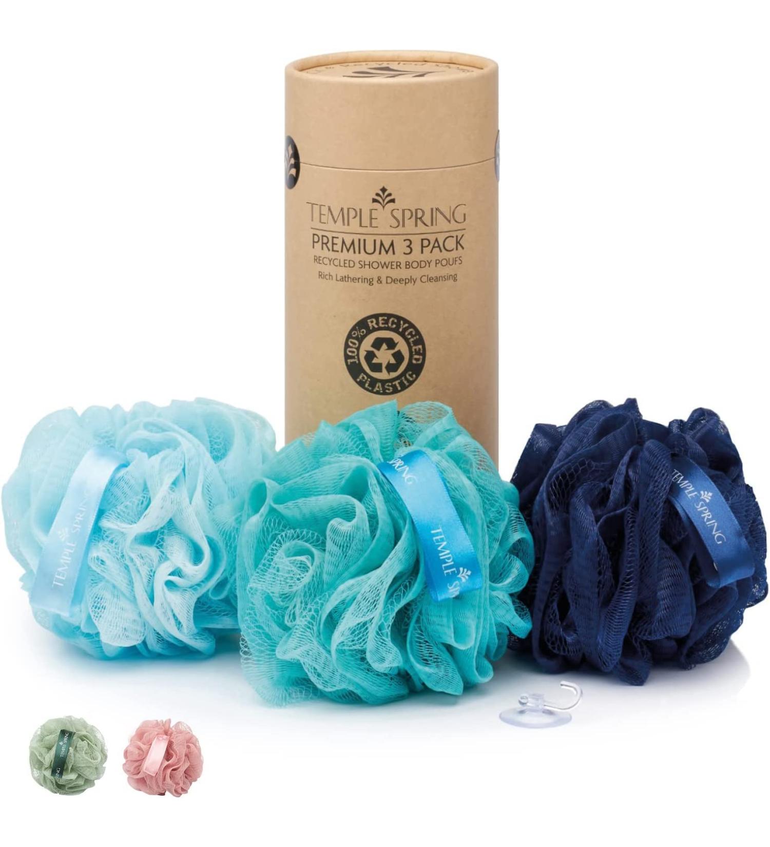 3 Pack Natural Recycled Shower Loofahs - Exfoliating Body Scrubber Set in Sea Blue - Men and Women - Bath & Shower Sponges - Buy Online on GoSupps.com