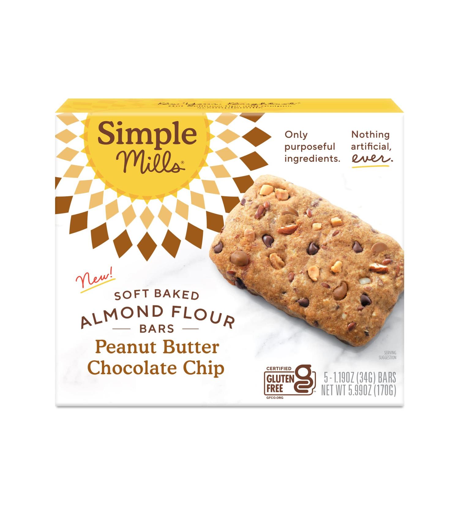 Simple Mills Almond Flour Bars - Peanut Butter Chocolate Chip | 5 Soft Baked Bars (1.19 oz Each) - Buy Online on GoSupps.com