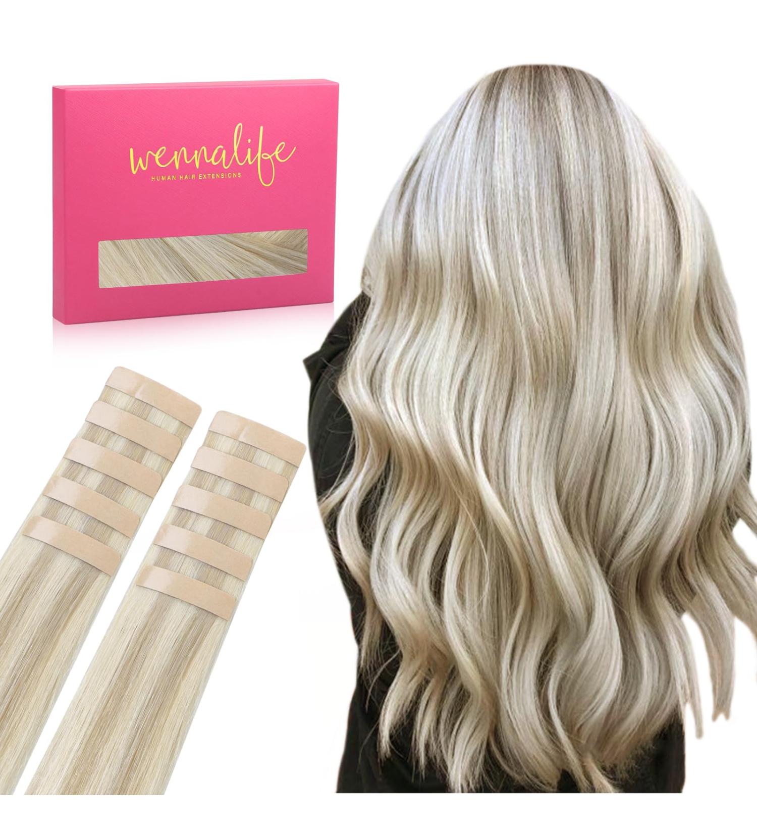 Salife Tape Extensions - Real Hair Ashblond & Platinblond Highlights | 10Pcs 35cm - Invisible 25g Tape In Extensions for Girls - Buy Online on GoSupps.com