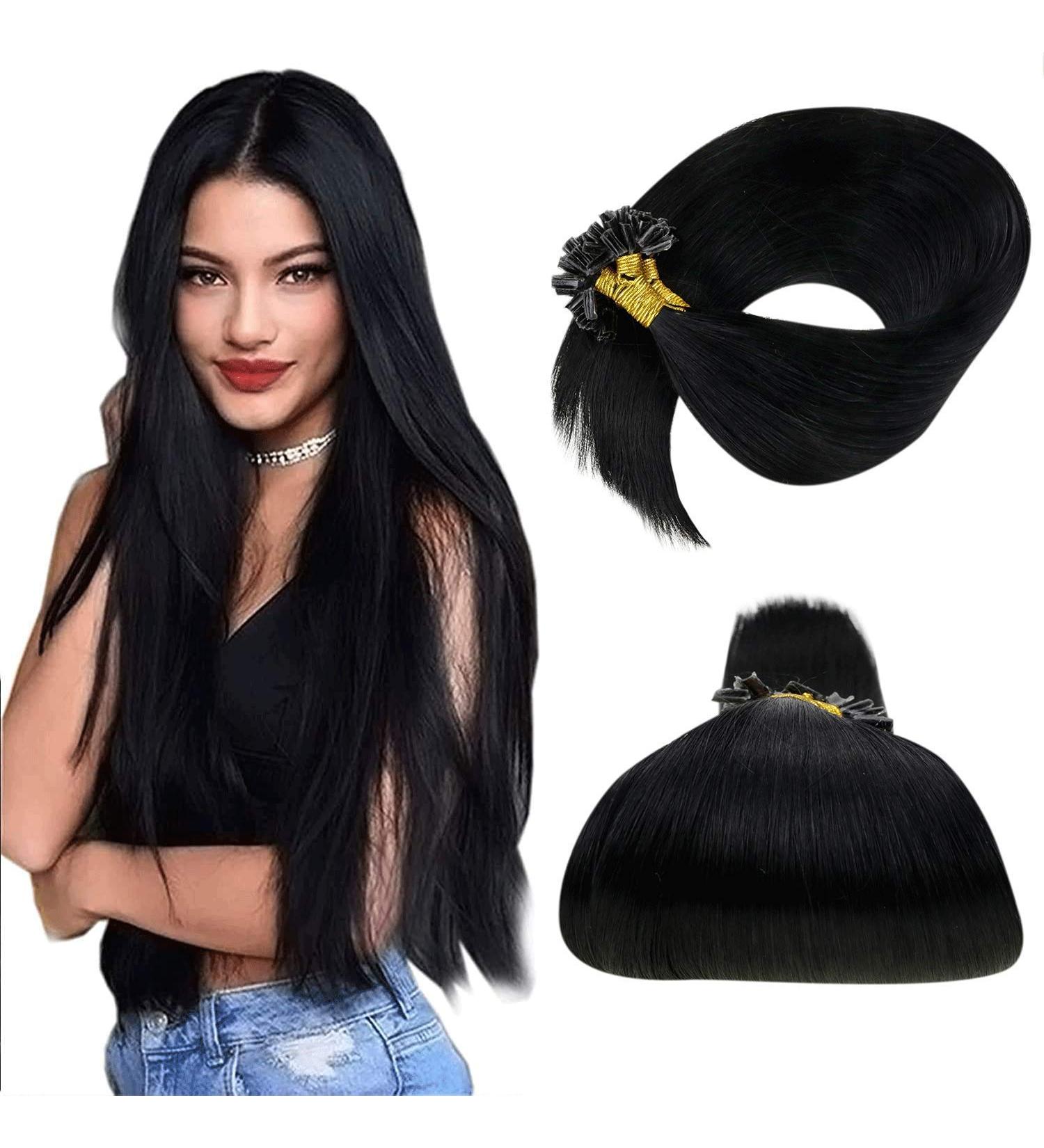 Black Keratin Bonding Extensions - 45cm Real Remi Hair - U Tips - 50g/50 Strands - Premium Quality Hair Extensions - Buy Online on GoSupps.com