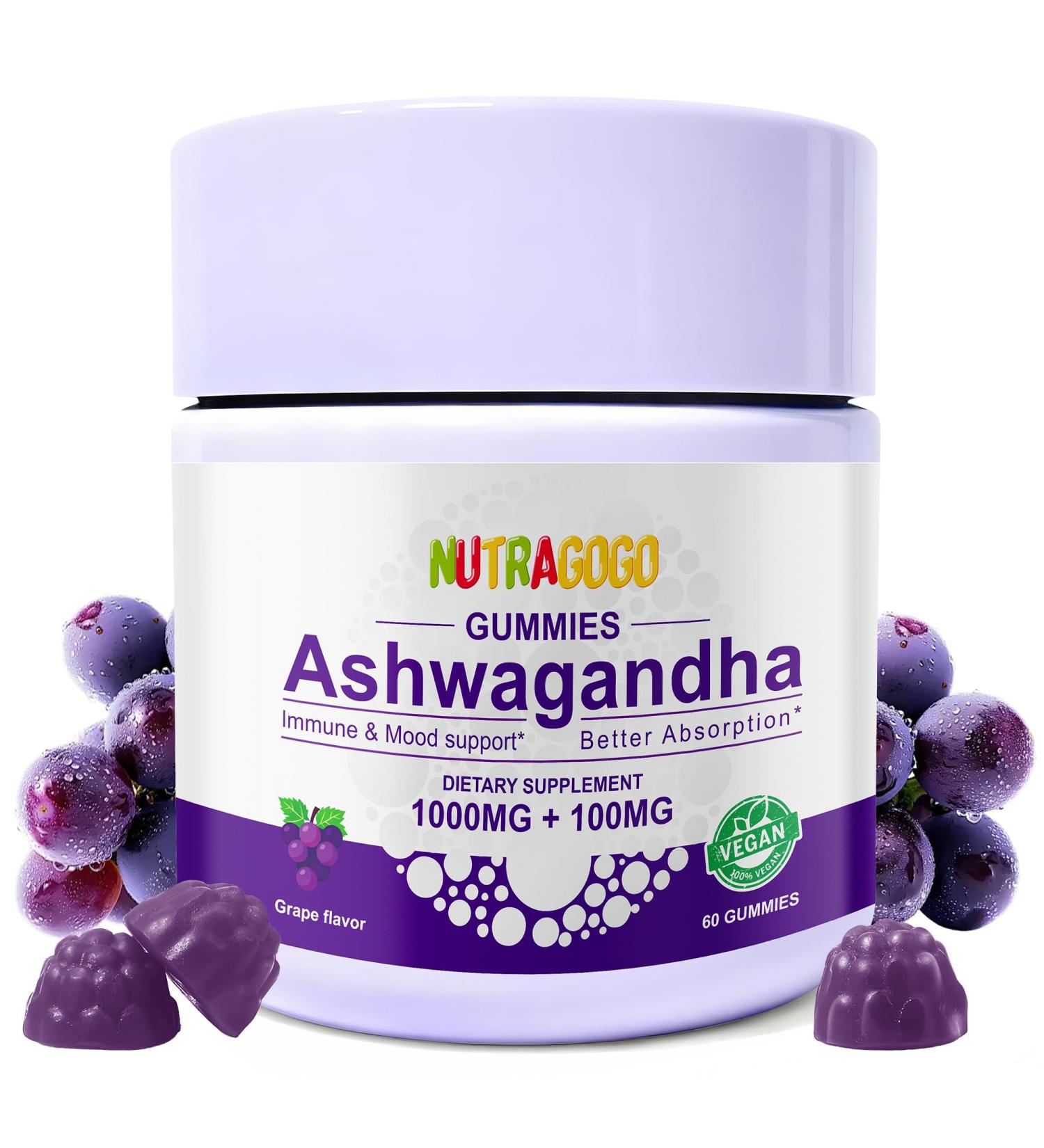 Ashwagandha Gummies & Vitamin D3 Gummies Organic Aswangdha Supplement for Improve Sleep Stress Relief & Mood Calm (Grape Berry Non-GMO Gluten-Free & Sugar Free)-1 Pack Grape 60 Count (Pack of 1) - Buy Online on GoSupps.com